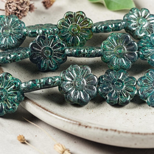 Czech Glass Beads - 17mm Daisy Flower, Dark Green Picasso (PLD-DGP) * 6 Beads