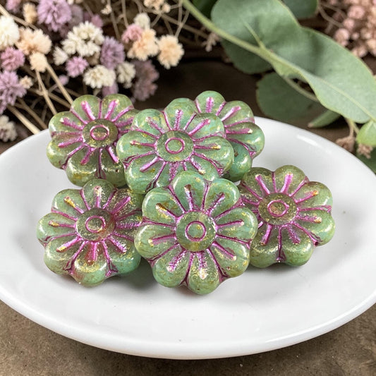 Czech Glass Beads - 17mm Daisy Flower, Lime Green with Pink Wash (PLD-22) * 4 Beads