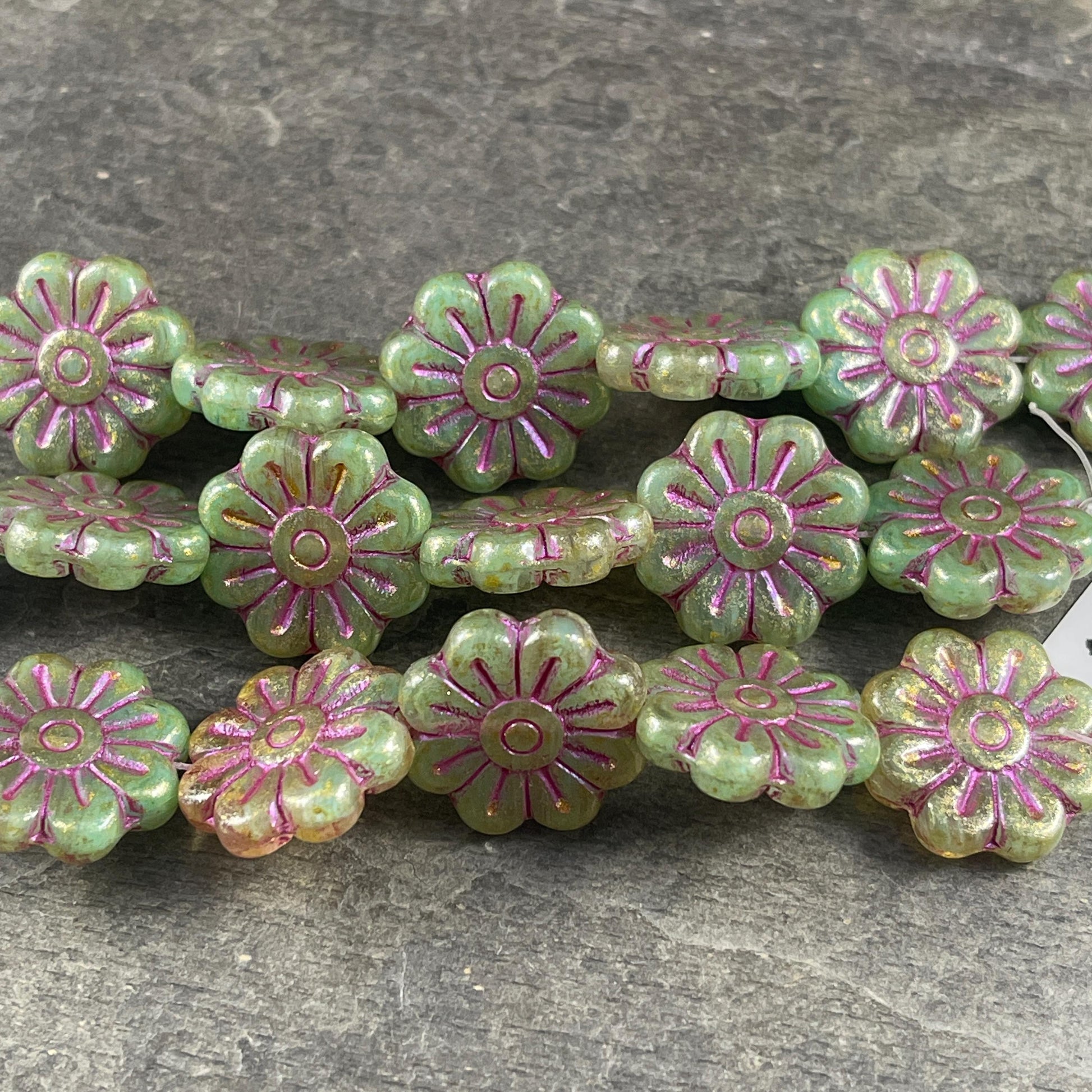 Czech Glass Beads - 17mm Daisy Flower, Lime Green with Pink Wash (PLD-22) * 4 Beads