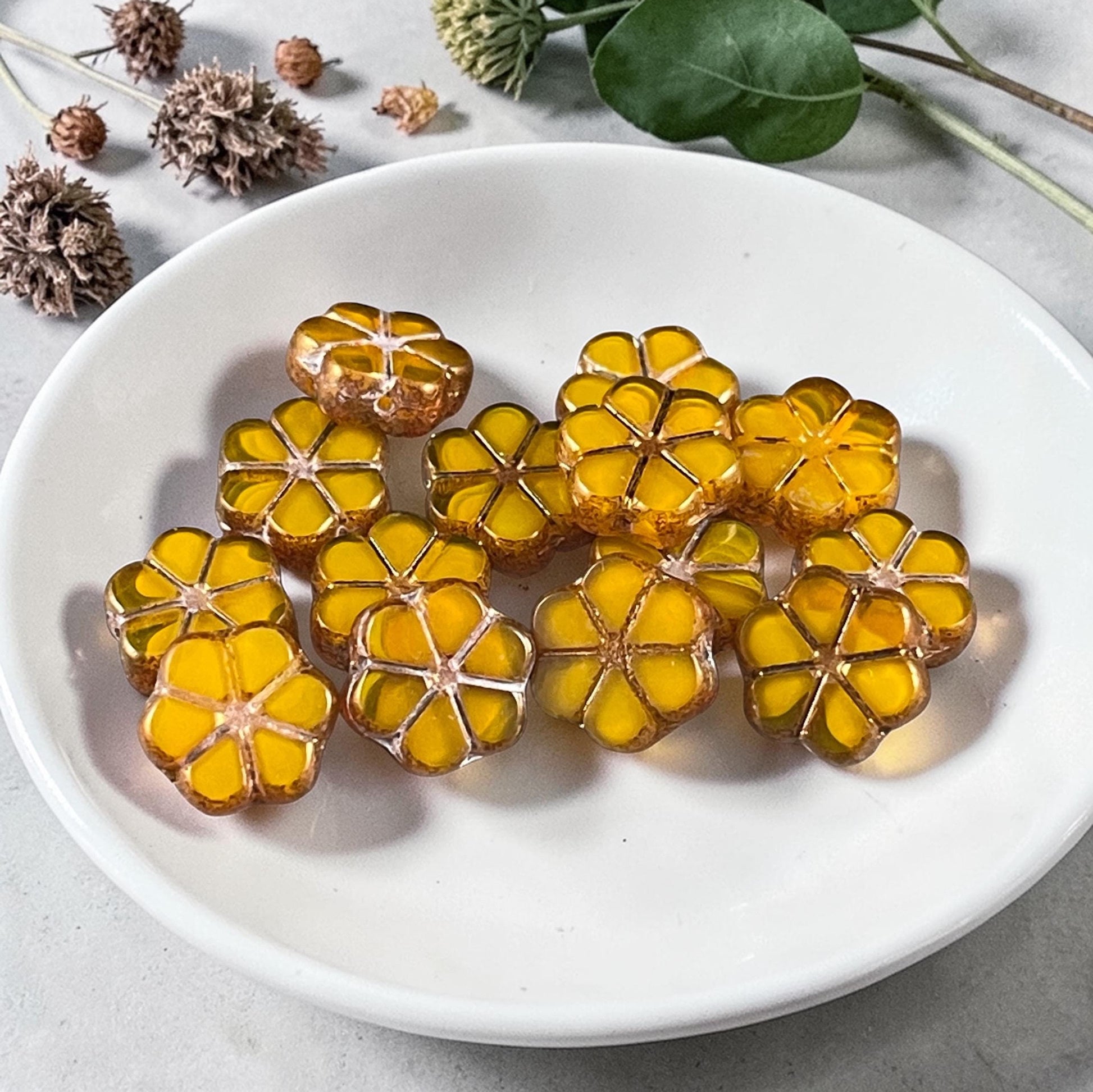 Czech Glass Beads, 10mm Table Cut Flower, Marigold Orange with Bronze Metallic (TCFMN-4) * Qty. 15