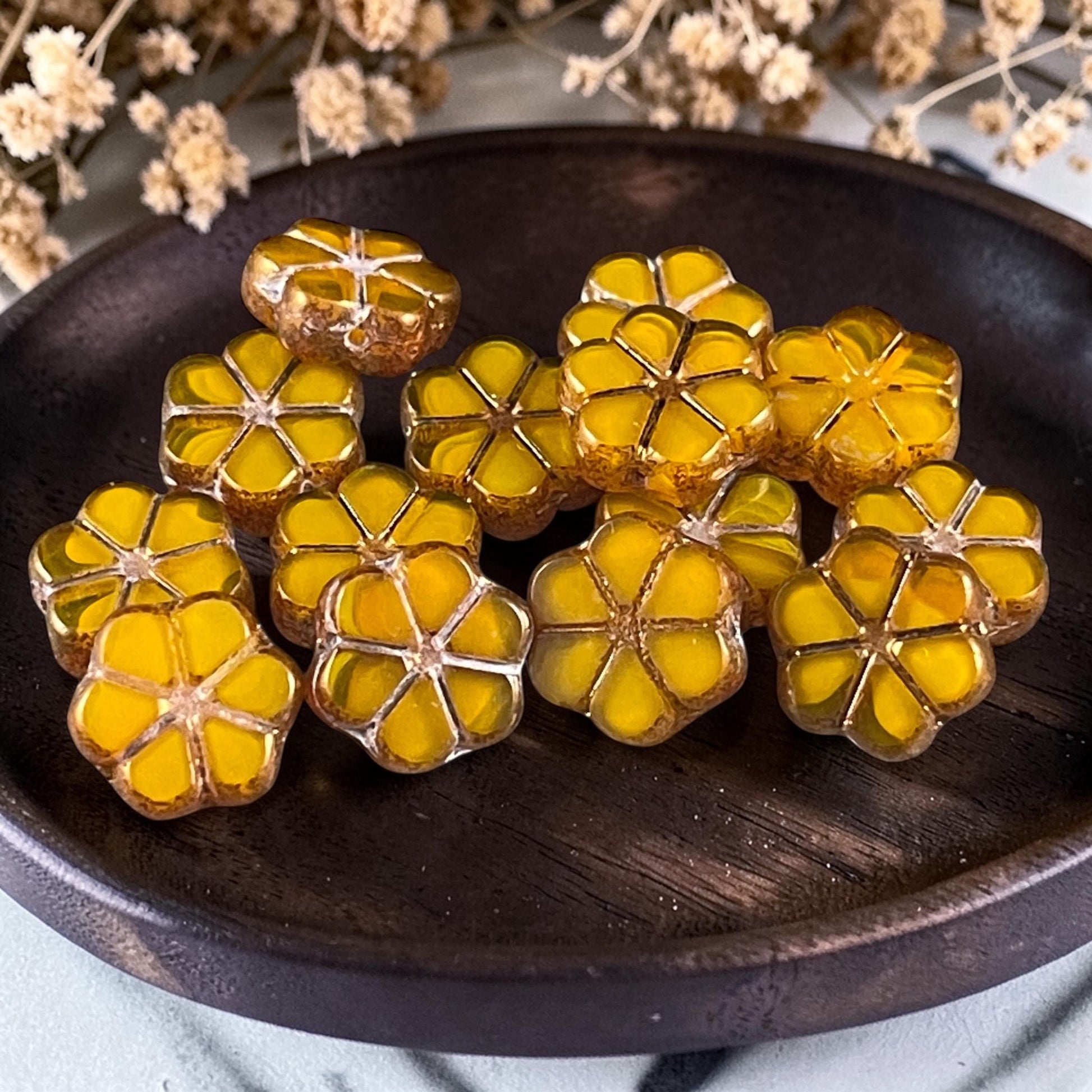 Czech Glass Beads, 10mm Table Cut Flower, Marigold Orange with Bronze Metallic (TCFMN-4) * Qty. 15