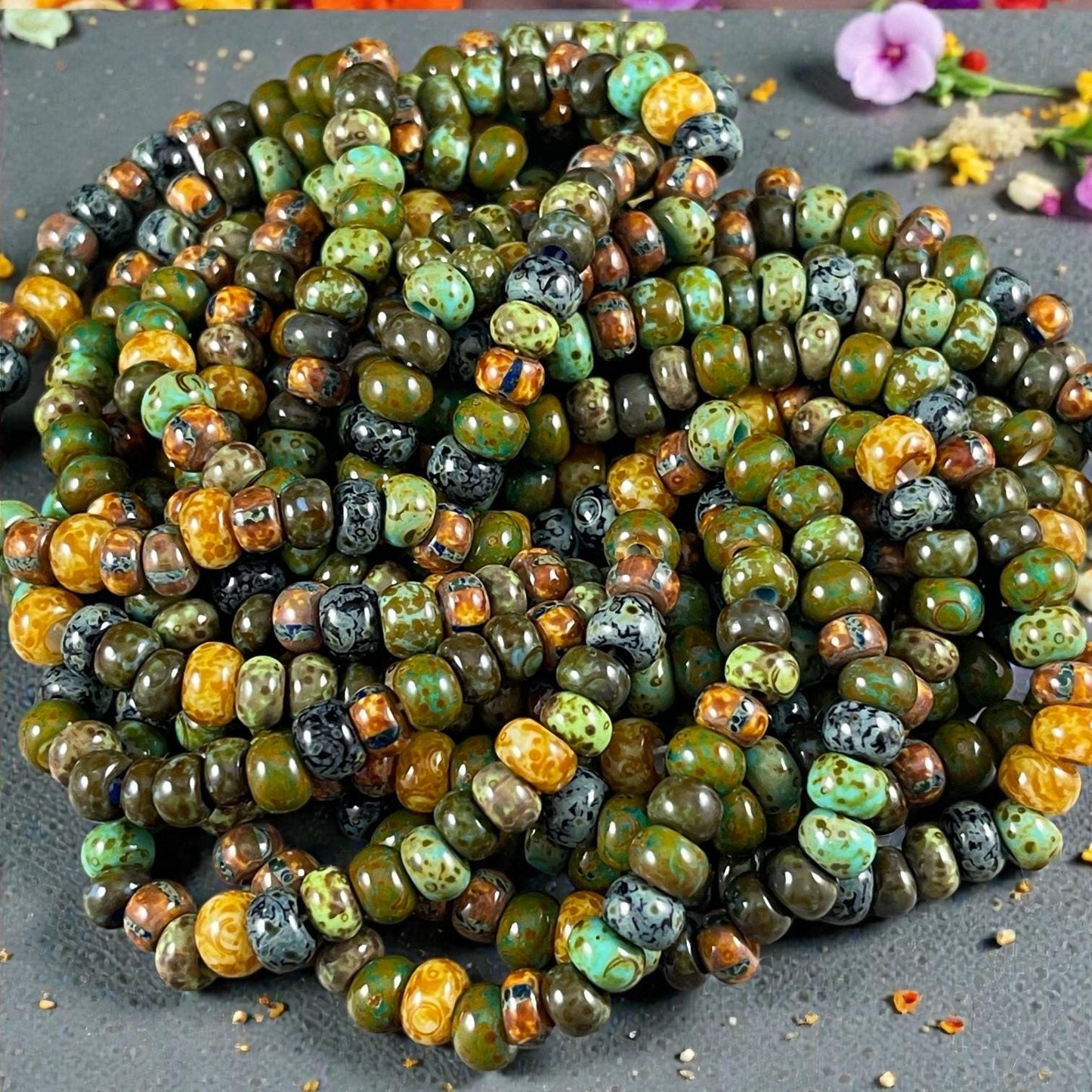 Aged Picasso Seed Beads - 1/0-2/0 Chinthe Striped Picasso, Earthtone Seed Bead Mix (Chinthe) * 18" Strand