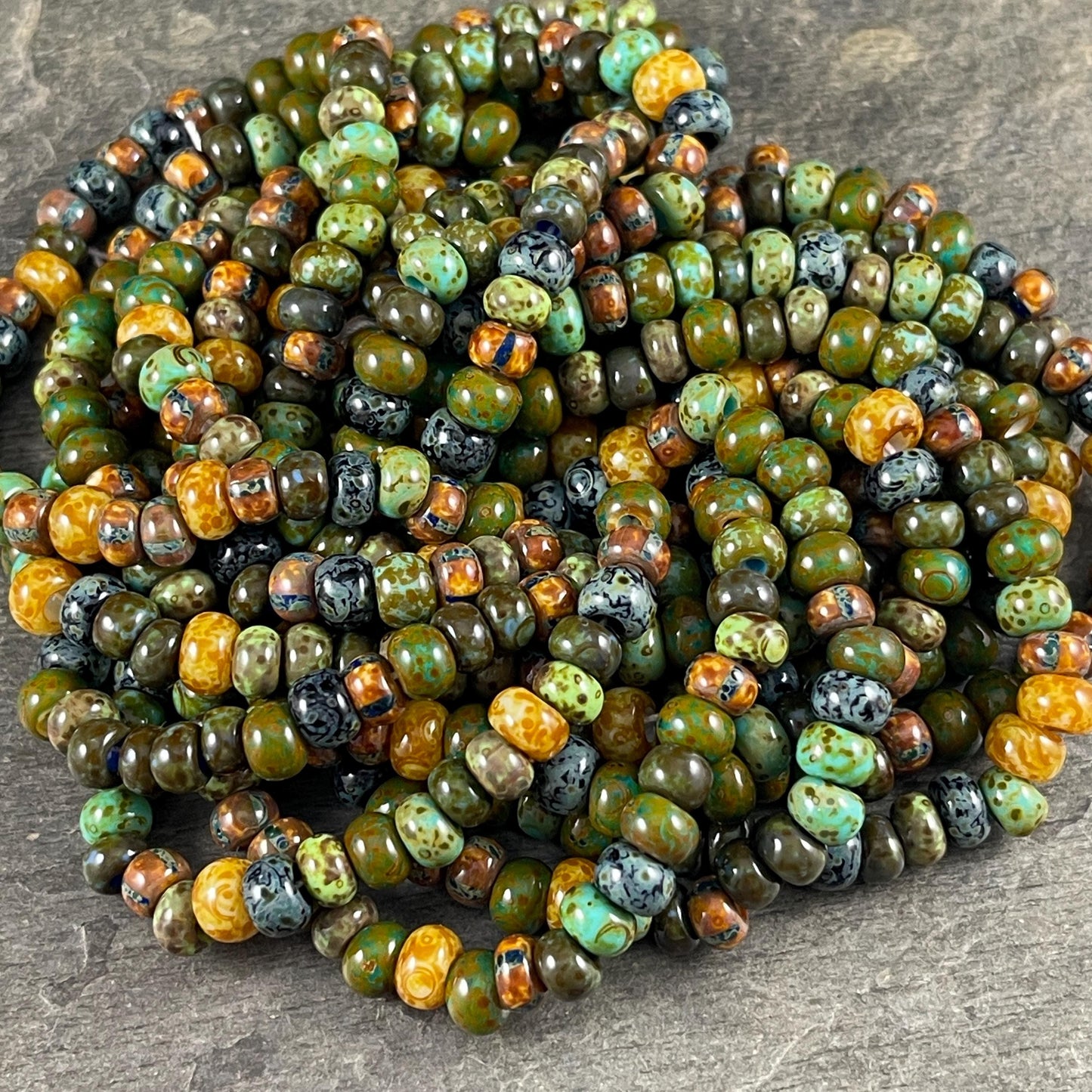 Aged Picasso Seed Beads - 1/0-2/0 Chinthe Striped Picasso, Earthtone Seed Bead Mix (Chinthe) * 18" Strand