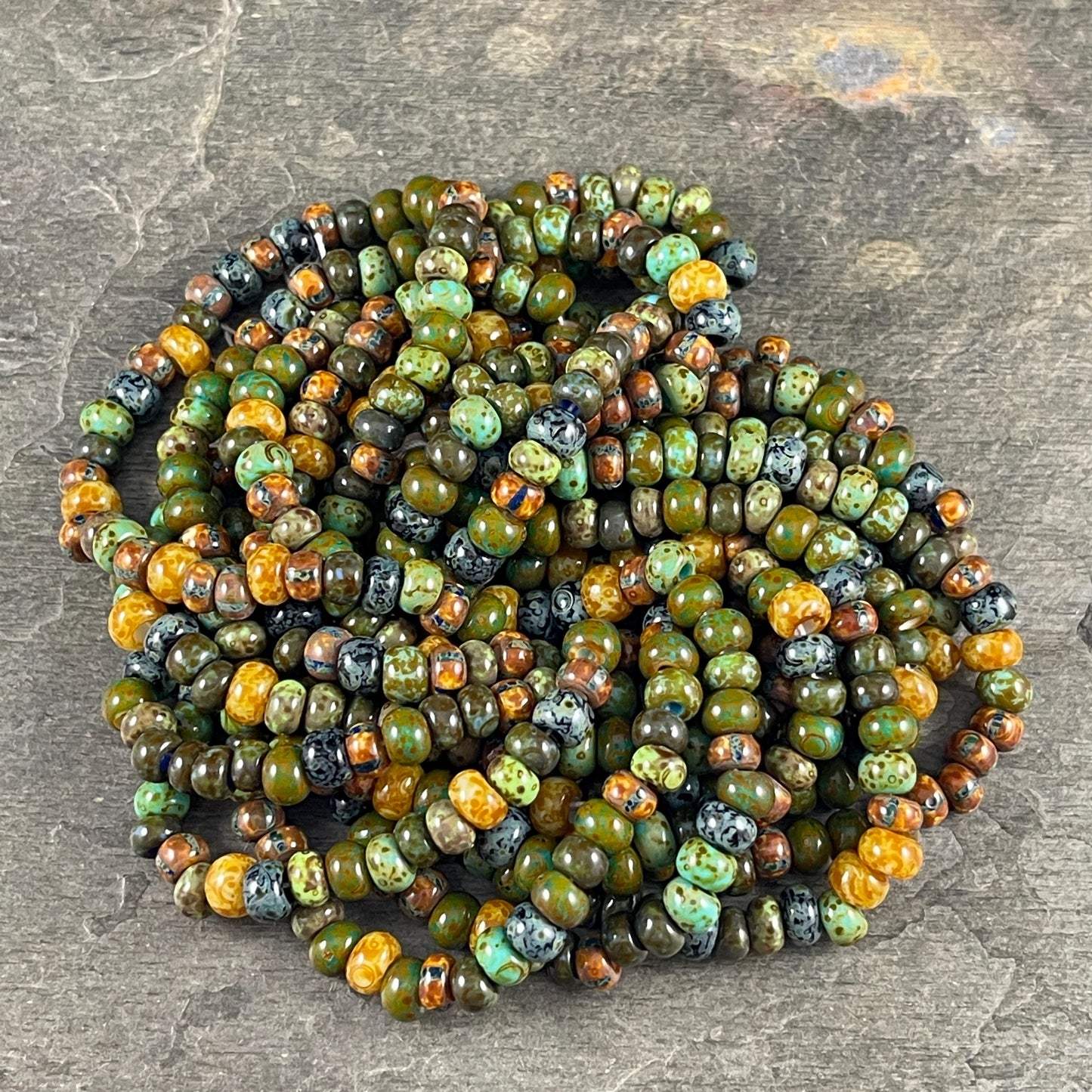 Aged Picasso Seed Beads - 1/0-2/0 Chinthe Striped Picasso, Earthtone Seed Bead Mix (Chinthe) * 18" Strand