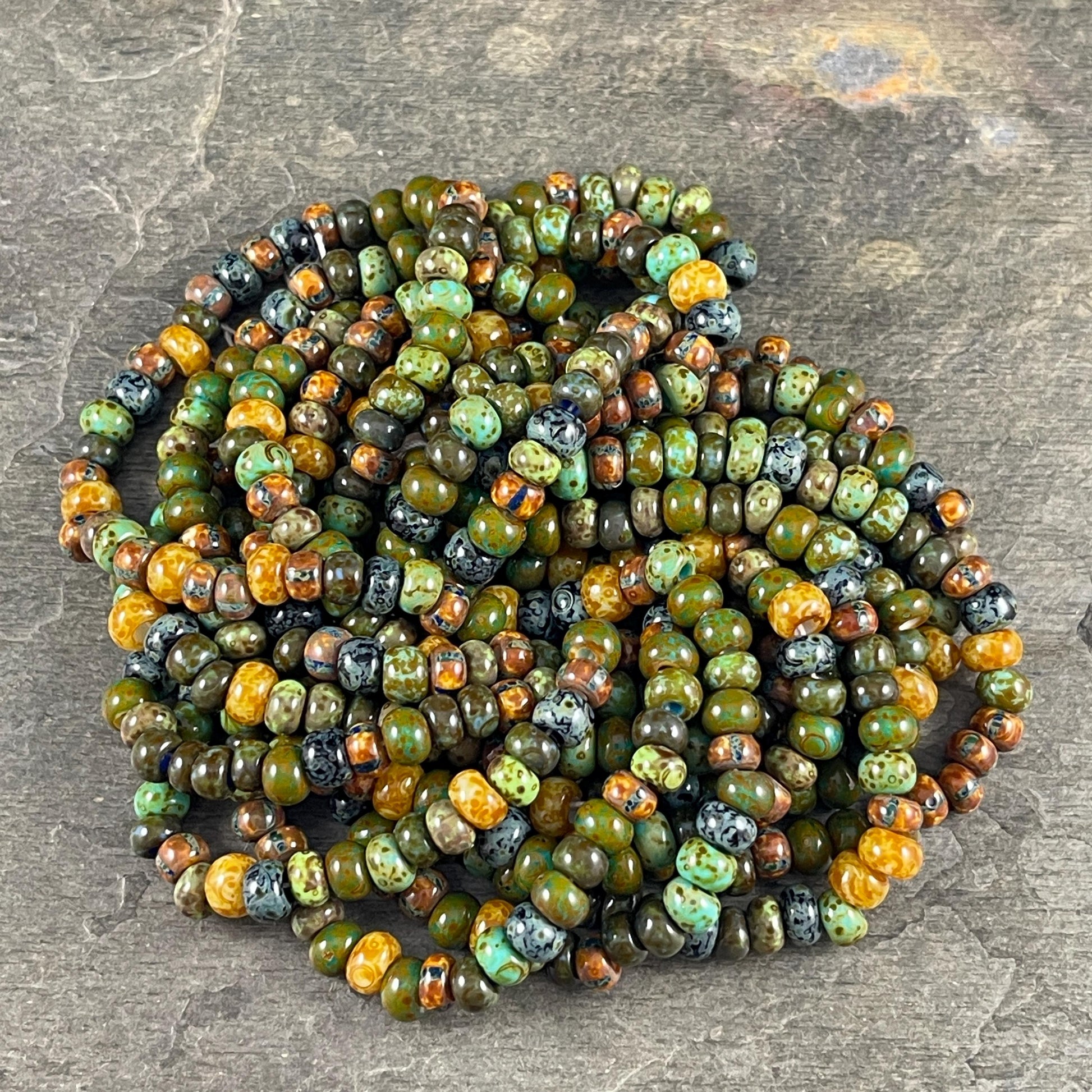Aged Picasso Seed Beads - 1/0-2/0 Chinthe Striped Picasso, Earthtone Seed Bead Mix (Chinthe) * 18" Strand