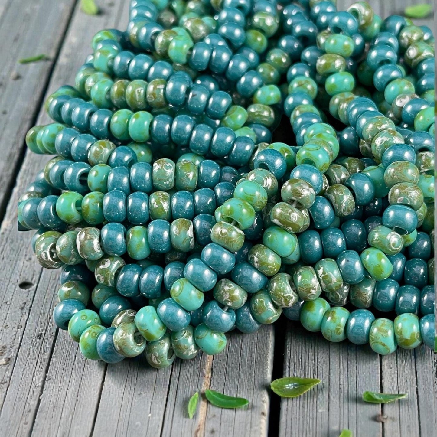 Aged Picasso Seed Beads - 2/0 Turquoise Blue and Turquoise Green Picasso Mix (TurqPicasso) * 9" Strand