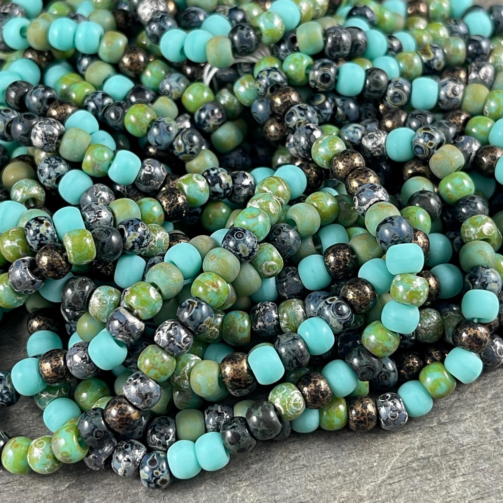 Aged Picasso Seed Beads - 4/0 El Dorado Picasso Mix, Blue, Black, Green (4/0-ElDorado) * 19" strand