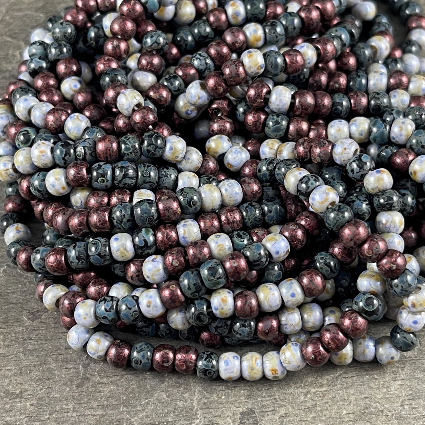 Aged Picasso Seed Beads - 4/0 Black, Wine and Slate Picasso Mix, Czech Glass (4/0-Noire) * 19" strand