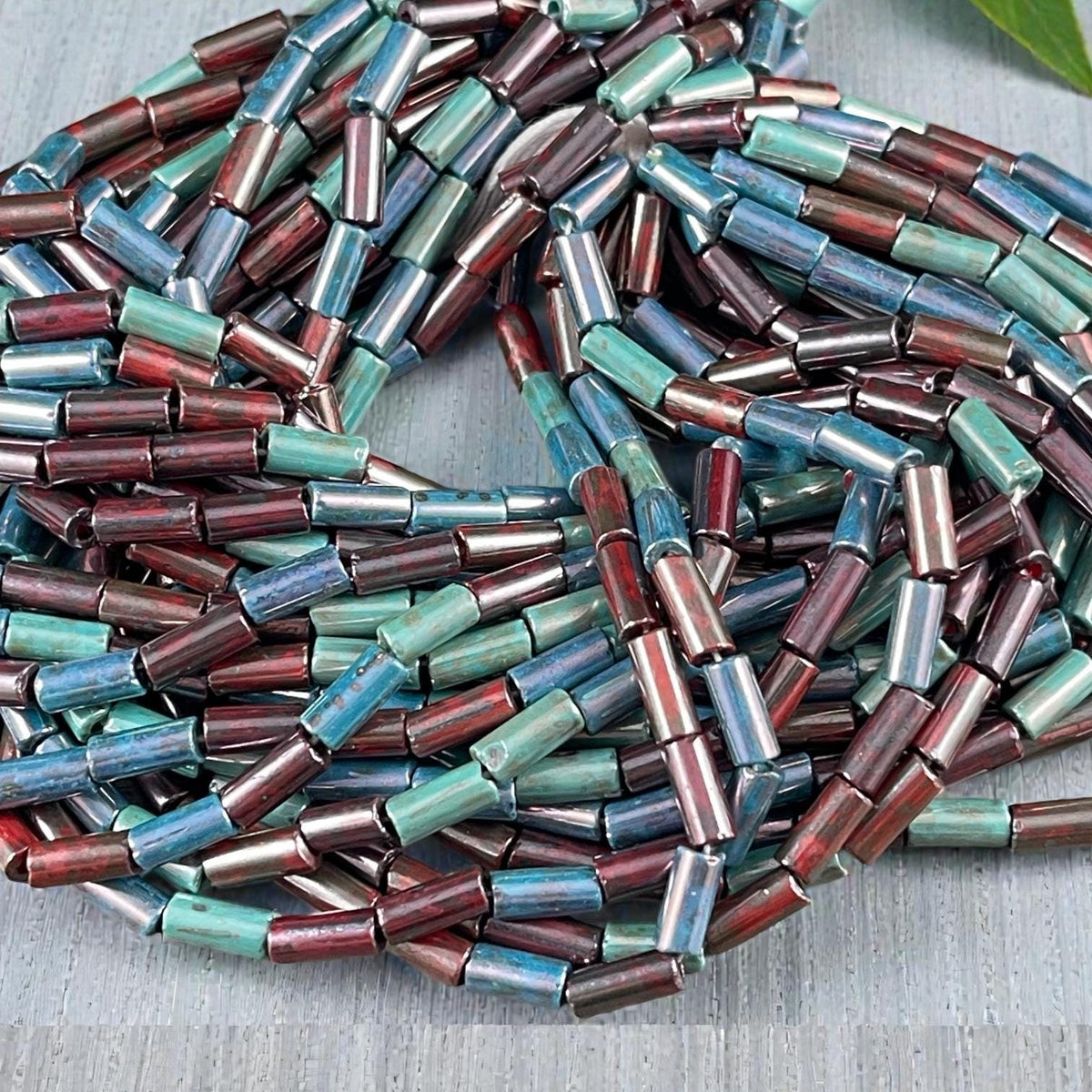 Aged Picasso Seed Beads - 9x4mm Bugle Bead, Tri-Color Picasso Mix (9/4-Miracle) - 20" Strand ~ 55 Beads