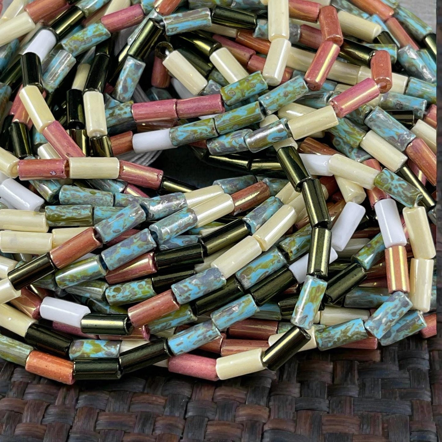 Aged Picasso Seed Beads - 9x4mm Bugle Bead, Multi-Color Czech Glass Mix (9/4-Cocoa) - 20" Strand ~ 55 Beads