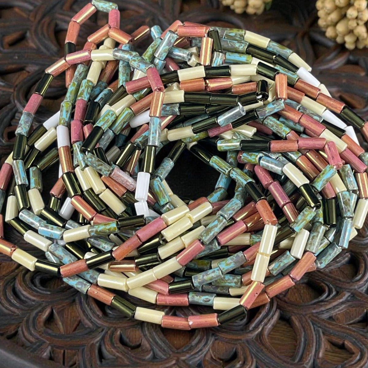 Aged Picasso - 9x4mm Bugle Bead, Multi-Color Czech Glass Mix (9/4-Cocoa) - 20" Strand
