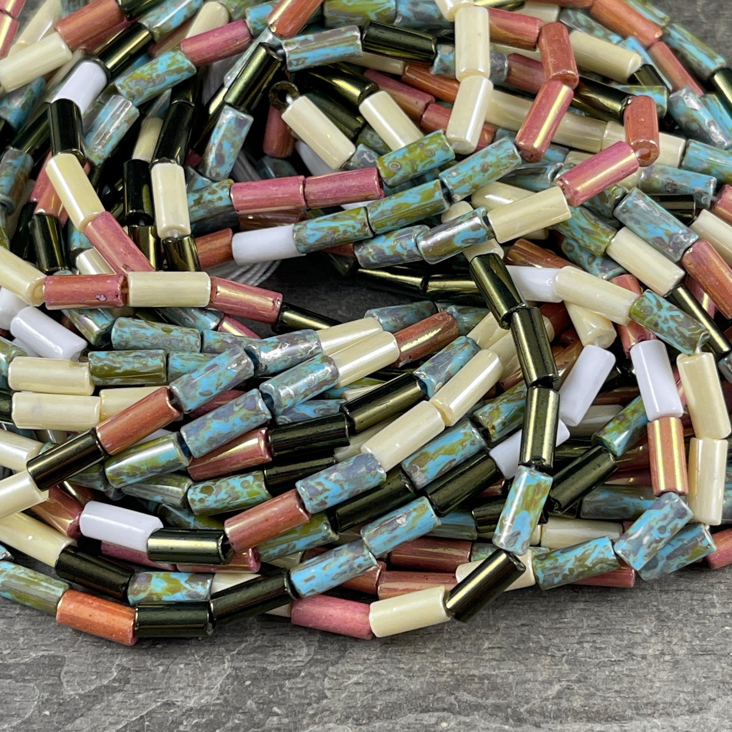 Aged Picasso Seed Beads - 9x4mm Bugle Bead, Multi-Color Czech Glass Mix (9/4-Cocoa) - 20" Strand ~ 55 Beads