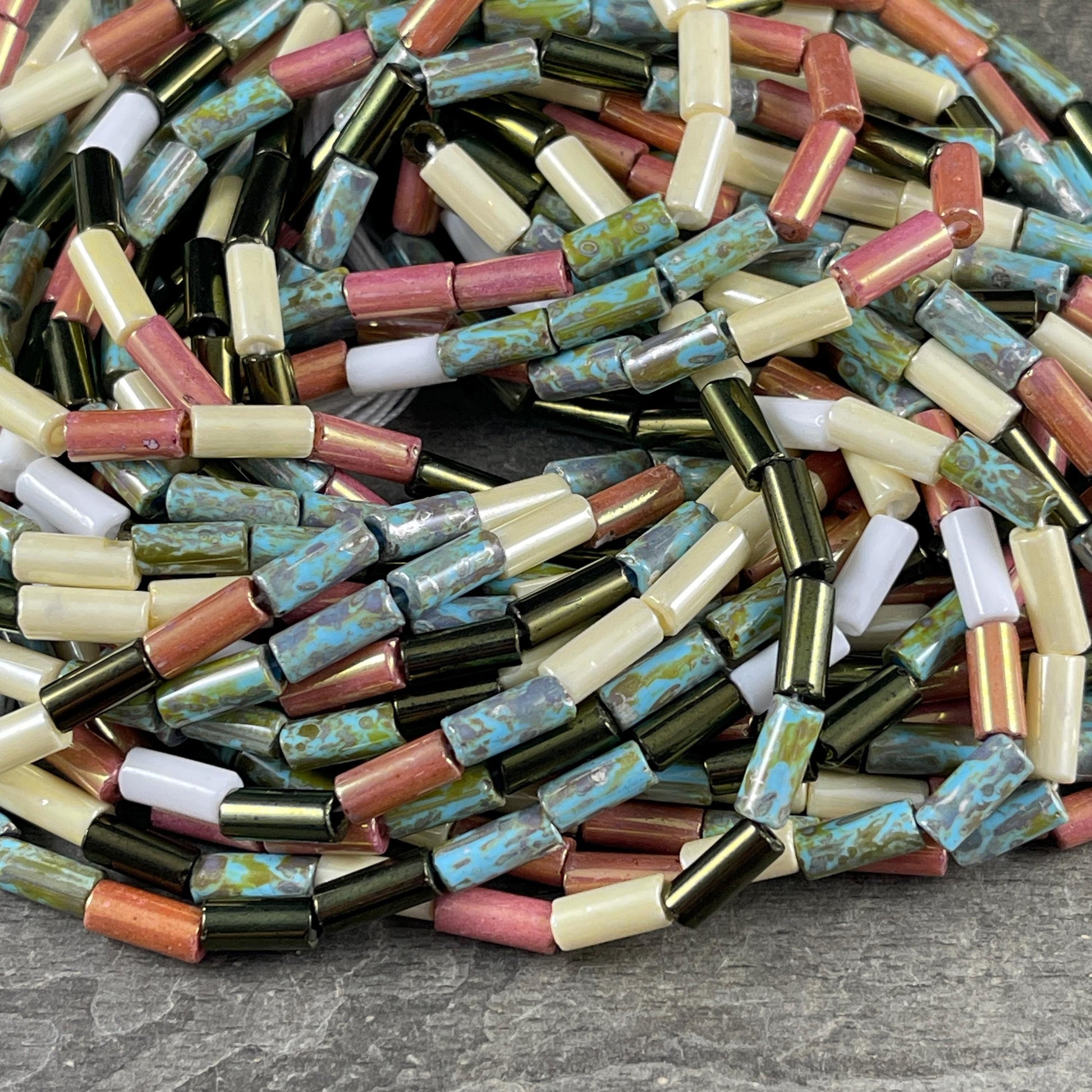 Aged Picasso Seed Beads - 9x4mm Bugle Bead, Multi-Color Czech Glass Mix (9/4-Cocoa) - 20" Strand ~ 55 Beads