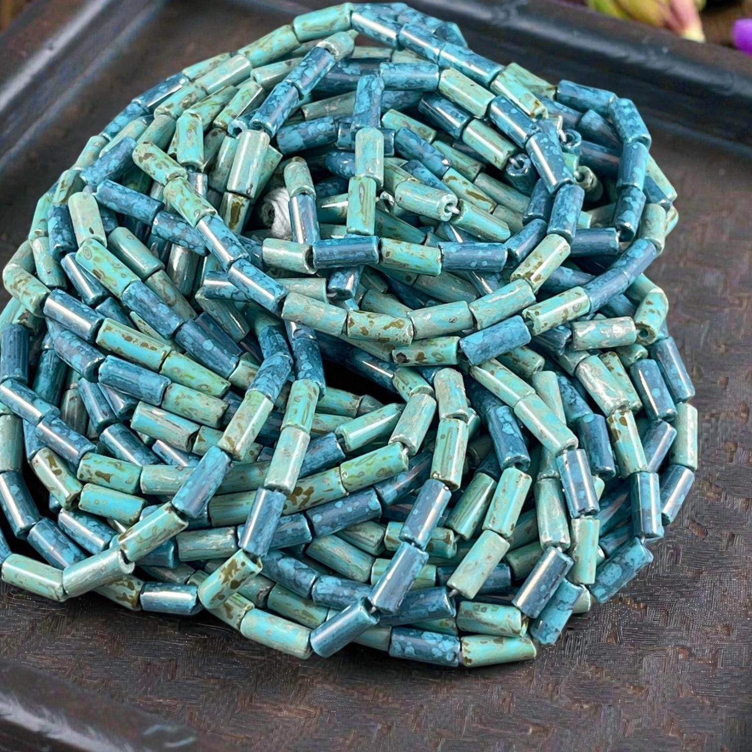 Aged Picasso Seed Beads - 9x4mm Bugle Bead, Blue Czech Glass Mix (9/4-TurqDenim) - 20" Strand ~ 55 Beads