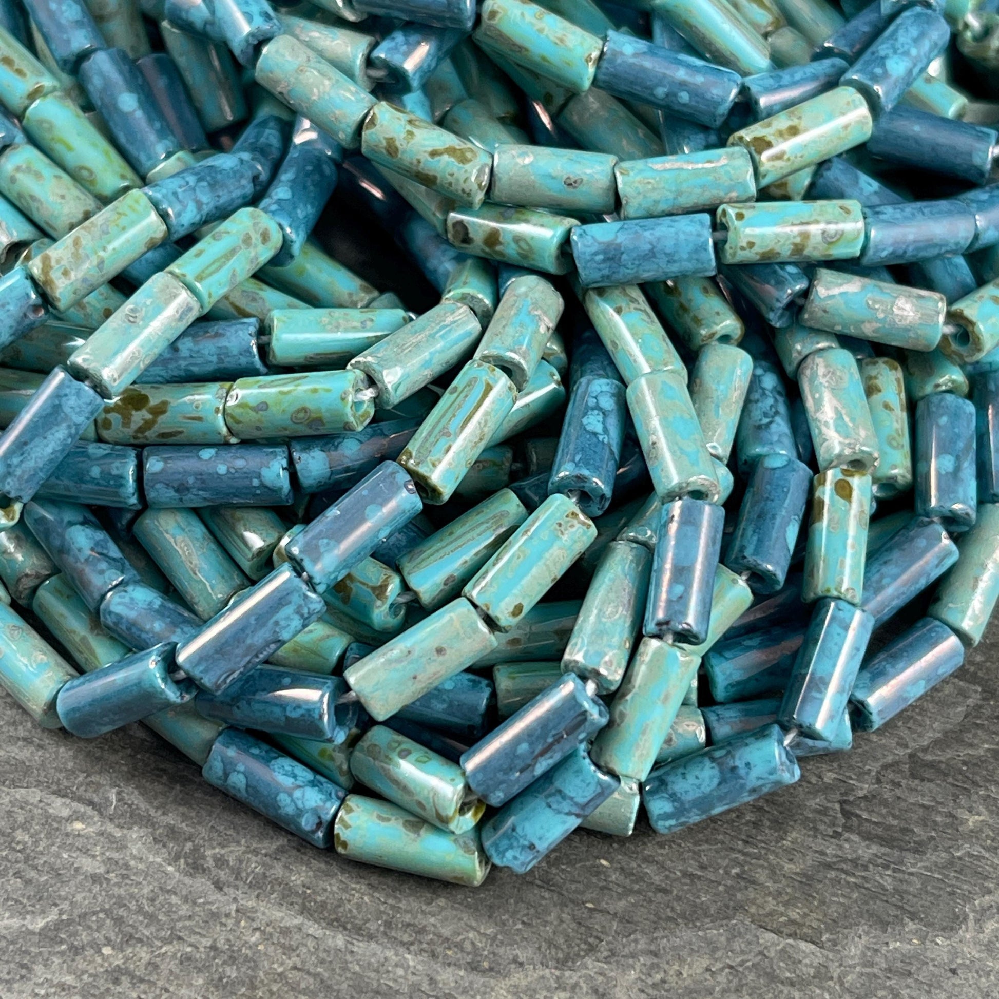 Aged Picasso Seed Beads - 9x4mm Bugle Bead, Blue Czech Glass Mix (9/4-TurqDenim) - 20" Strand ~ 55 Beads
