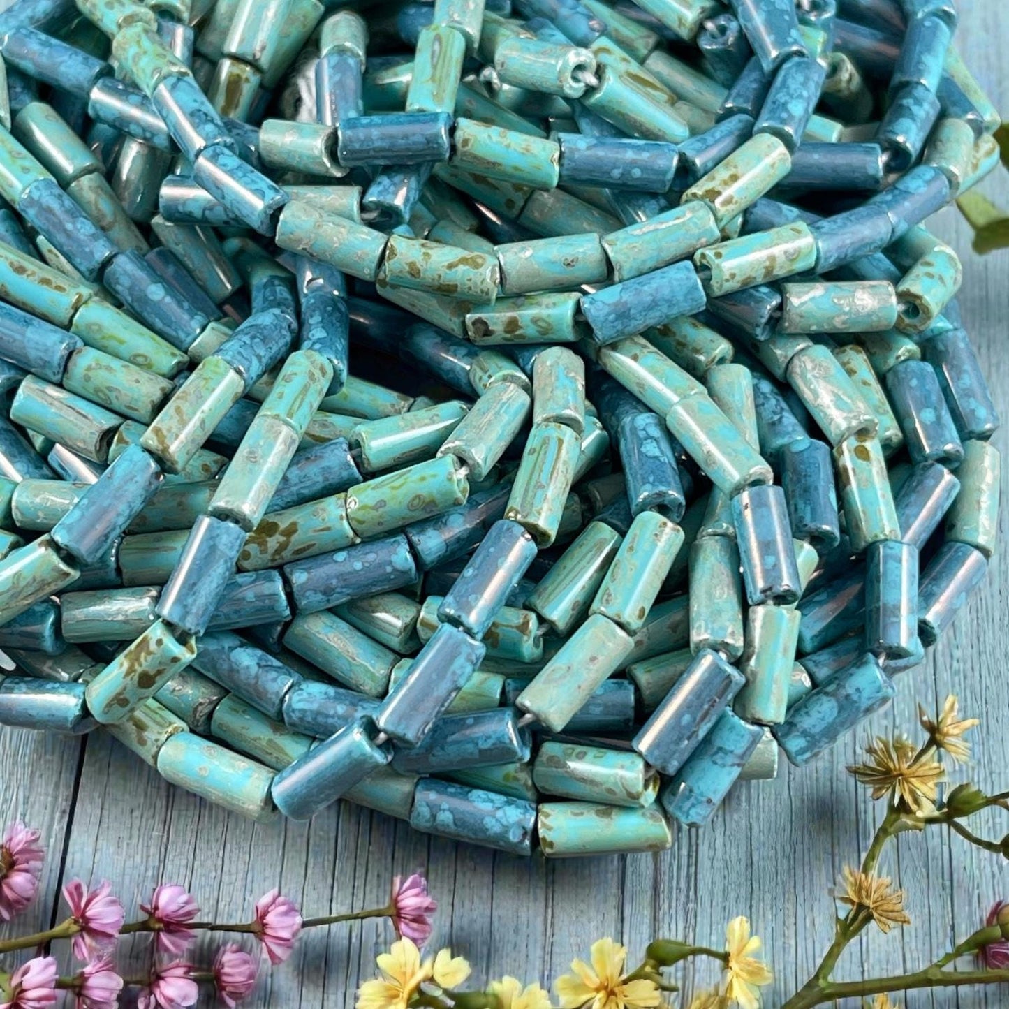 Aged Picasso Seed Beads - 9x4mm Bugle Bead, Blue Czech Glass Mix (9/4-TurqDenim) - 20" Strand ~ 55 Beads
