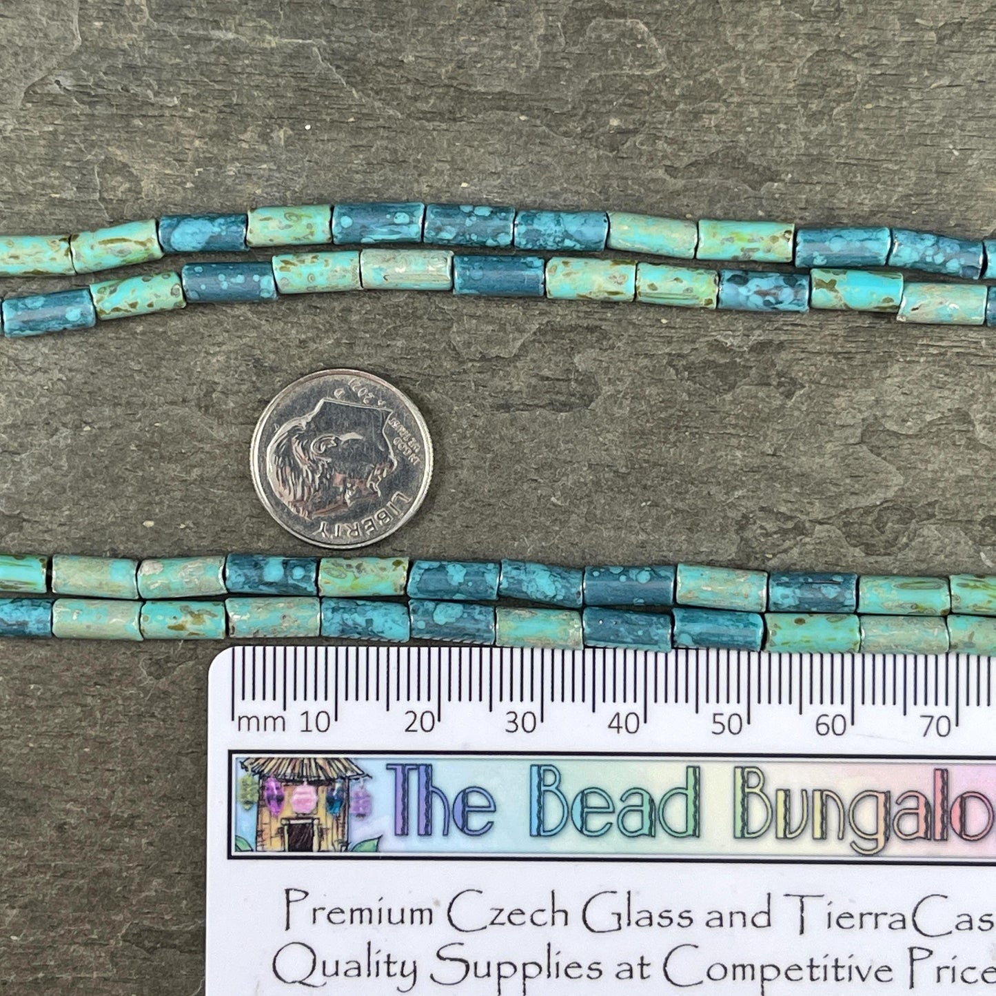 Aged Picasso Seed Beads - 9x4mm Bugle Bead, Blue Czech Glass Mix (9/4-TurqDenim) - 20" Strand ~ 55 Beads