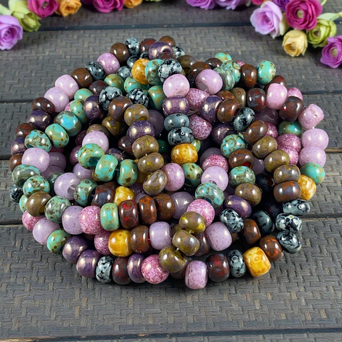 Aged Picasso Seed Beads - 33/0 Large Hole 8mm Czech Glass, Glossy Mixed Colors (33/0-Rosaline) * 40 Beads