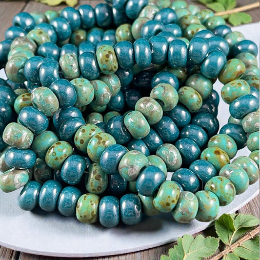 Aged Picasso Seed Beads - 33/0 Large Hole 8mm Czech Glass, Turquoise and Teal (33/0-TealTurq) * 40 Beads