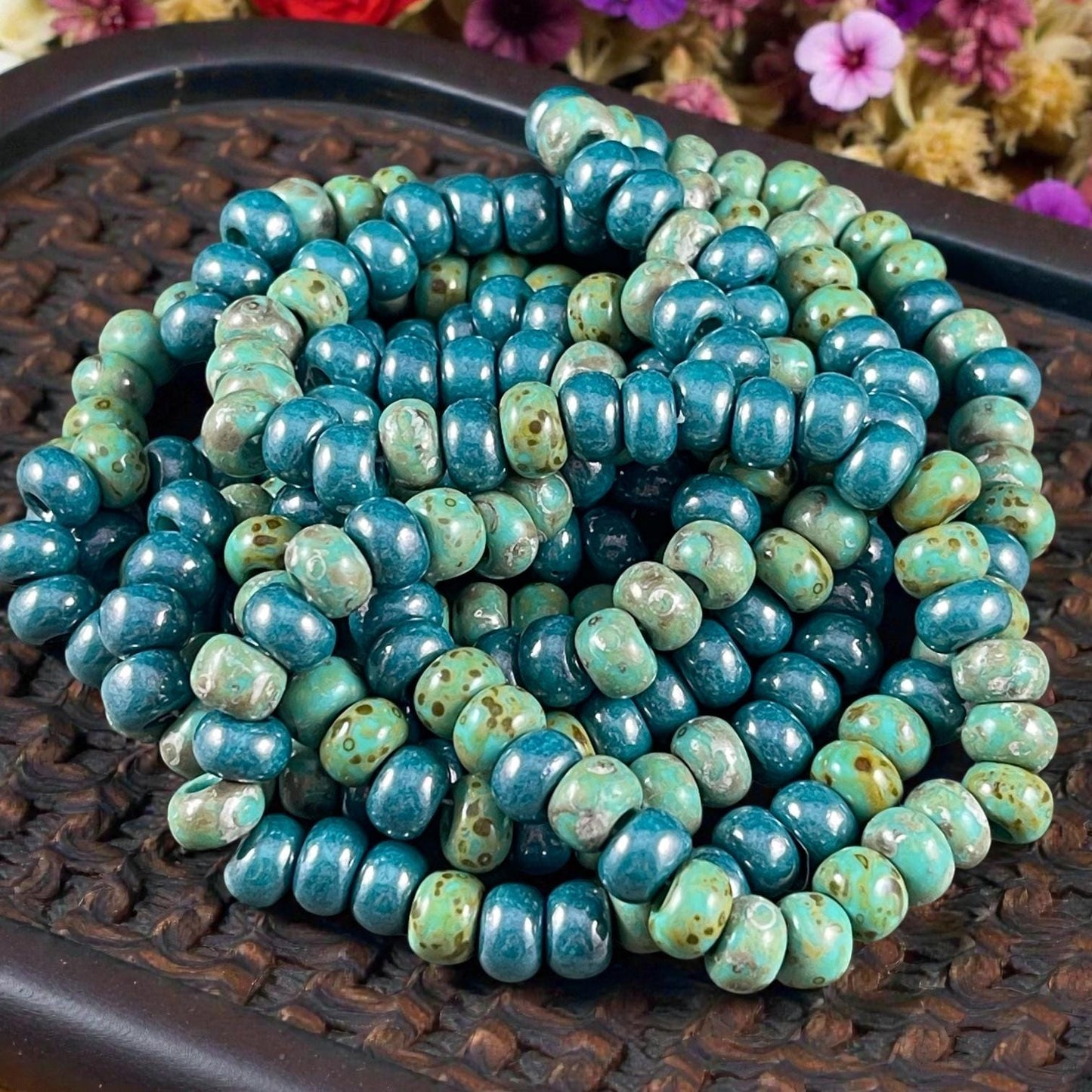 Aged Picasso Seed Beads - 33/0 Large Hole 8mm Czech Glass, Turquoise and Teal (33/0-TealTurq) * 40 Beads