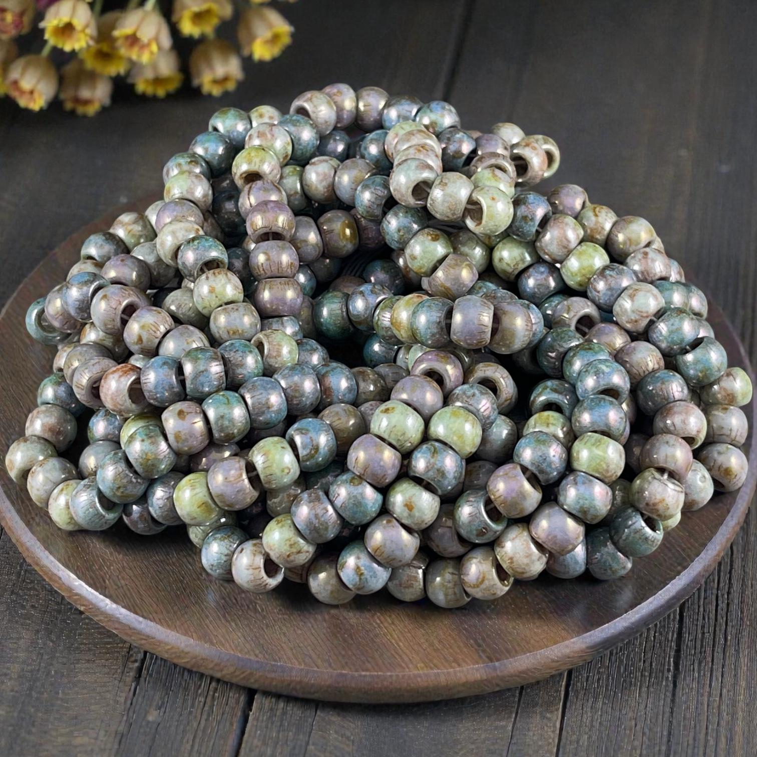 Aged Picasso Seed Beads - 32/0 Large Hole 7.5mm Czech Glass, Alabaster Picasso Mix (33/0-TealTurq) * 40 Beads