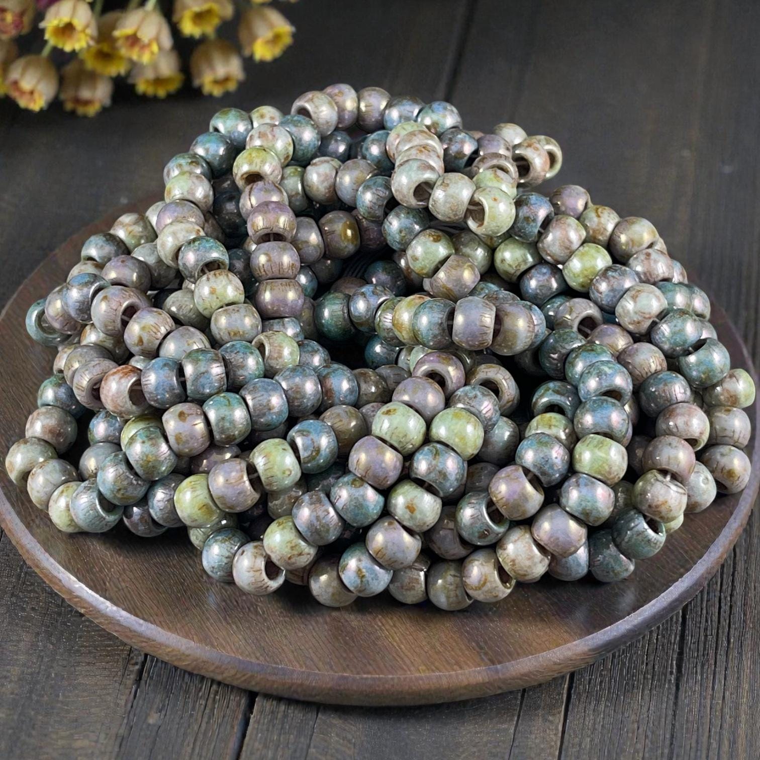 Aged Picasso Seed Beads - 32/0 Large Hole 7.5mm Czech Glass, Alabaster Picasso Mix (33/0-TealTurq) * 40 Beads