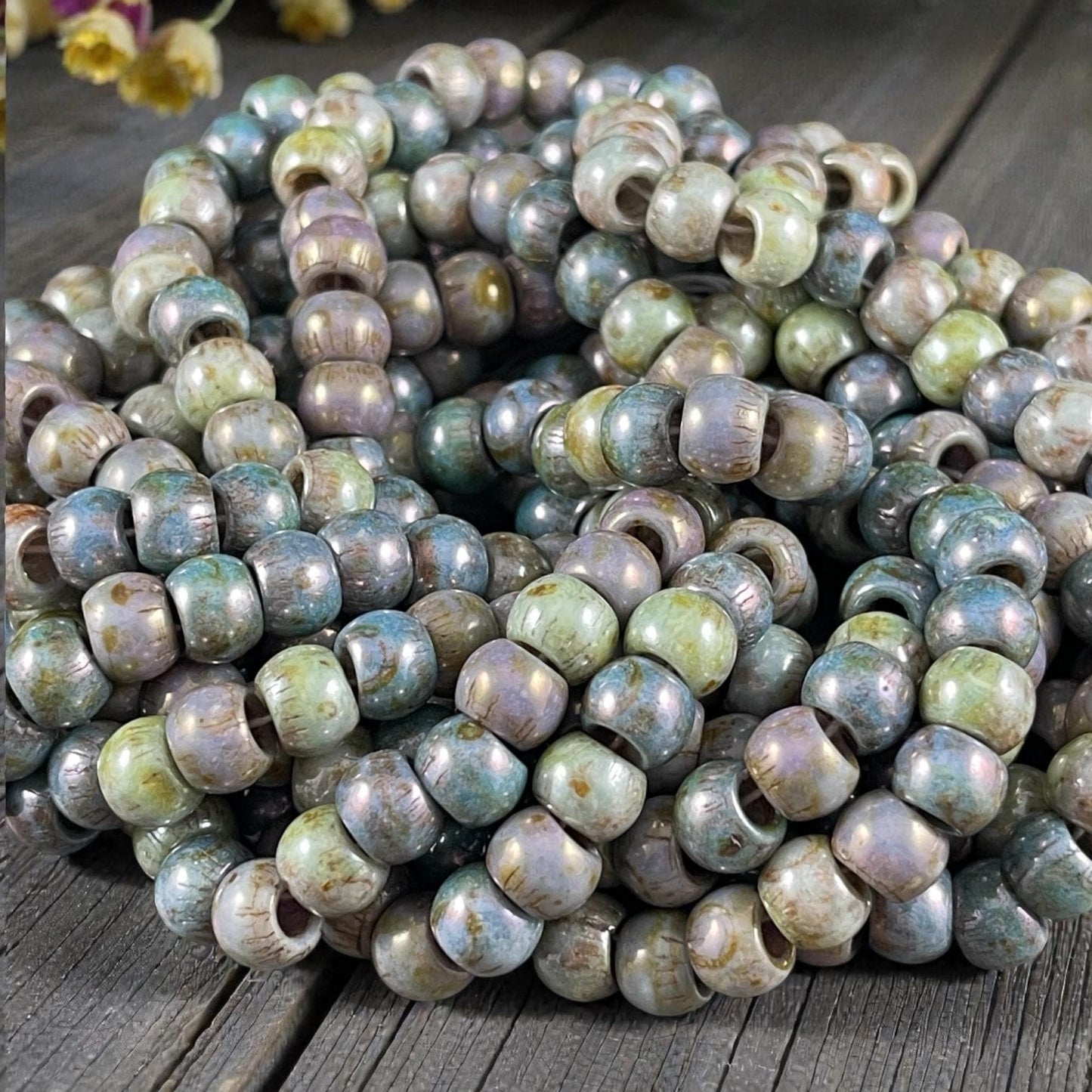 Aged Picasso Seed Beads - 32/0 Large Hole 7.5mm Czech Glass, Alabaster Picasso Mix (33/0-TealTurq) * 40 Beads