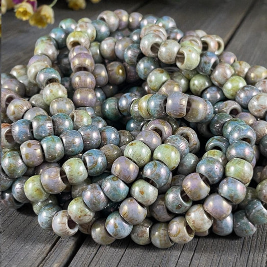 Aged Picasso Seed Beads - 32/0 Large Hole 7.5mm Czech Glass, Alabaster Picasso Mix (33/0-TealTurq) * 40 Beads