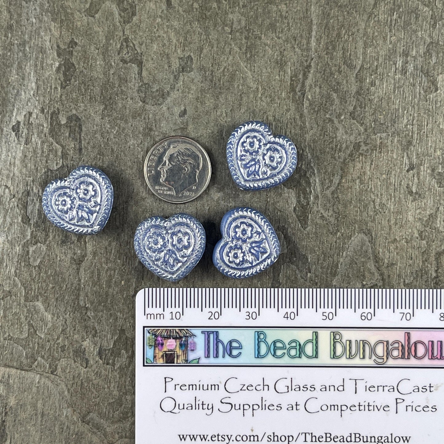 Czech Glass Beads - 18mm Heart Bead, Periwinkle with Silver Wash (FH-12) * 6 Beads