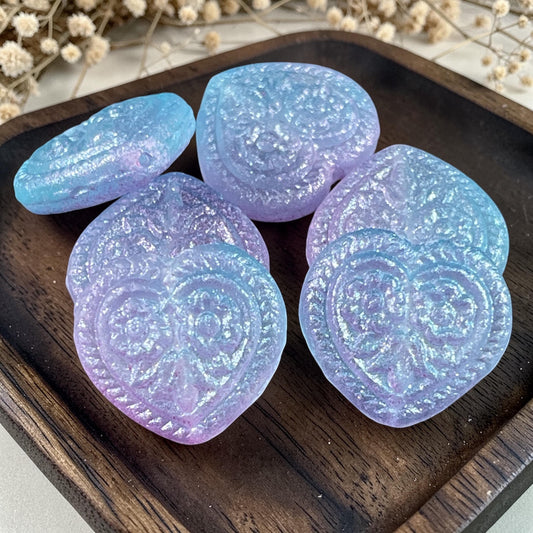 Czech Glass Beads - 18mm Heart Bead, Lilac and Aqua with AB (FH-6) * 6 Beads