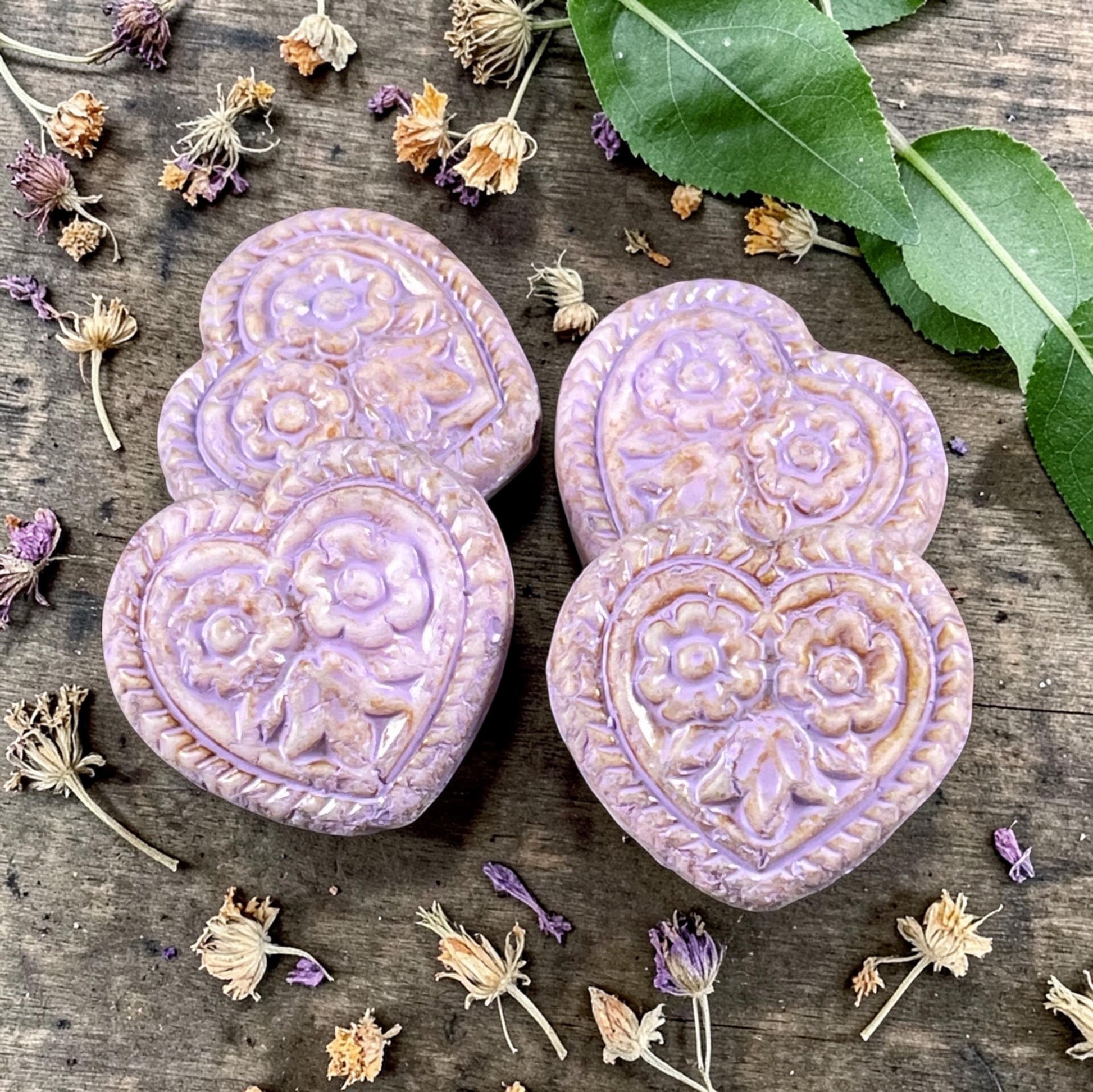 Czech Glass Beads - 18mm Heart Bead, Alabaster with Lavender Picasso (FH-23) * 4 Beads