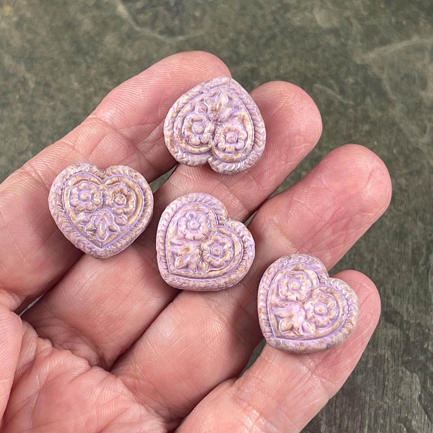 Czech Glass Beads - 18mm Heart Bead, Alabaster with Lavender Picasso (FH-23) * 4 Beads