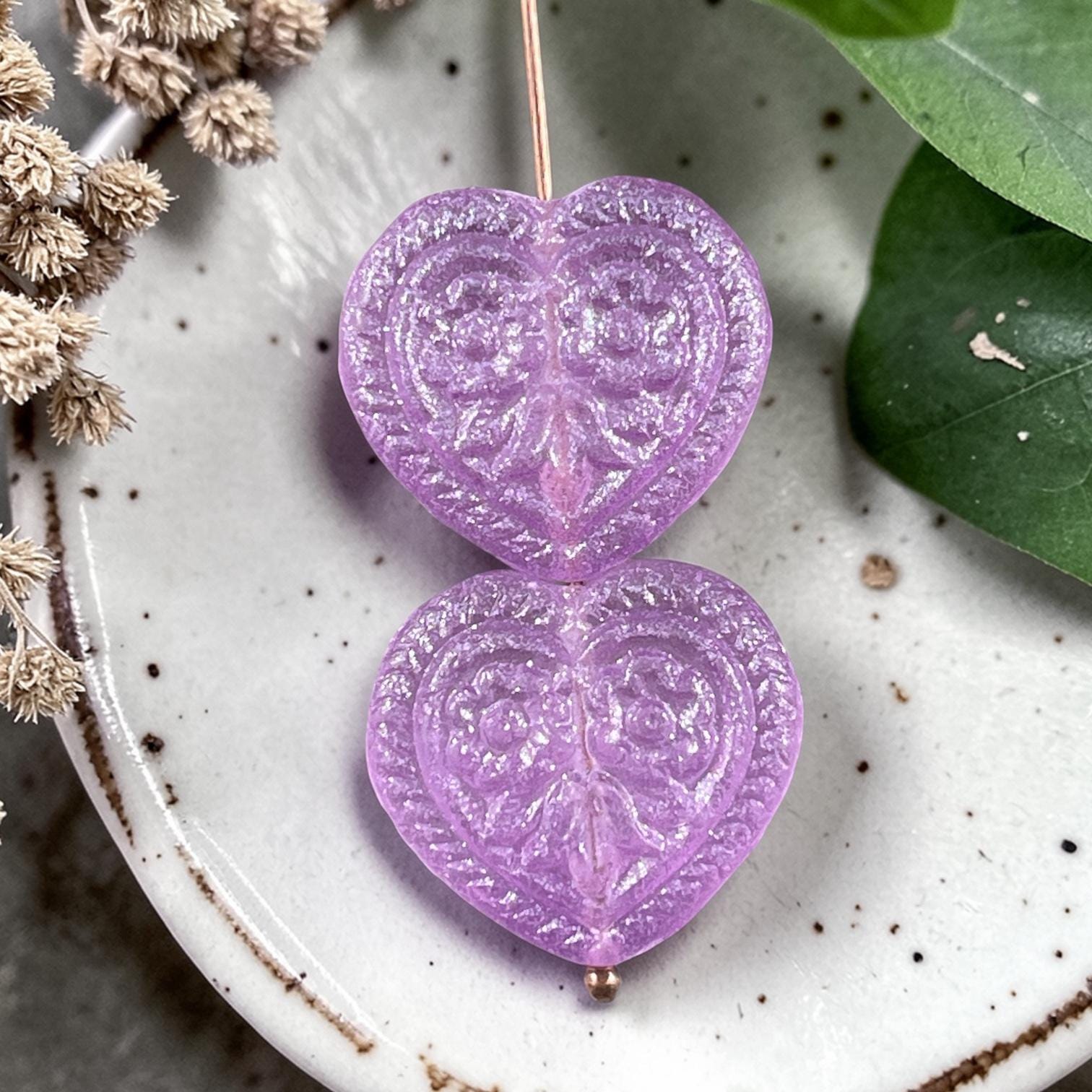 Czech Glass Beads - 18mm Heart Bead, Lilac with AB (FH-20) * 6 Beads