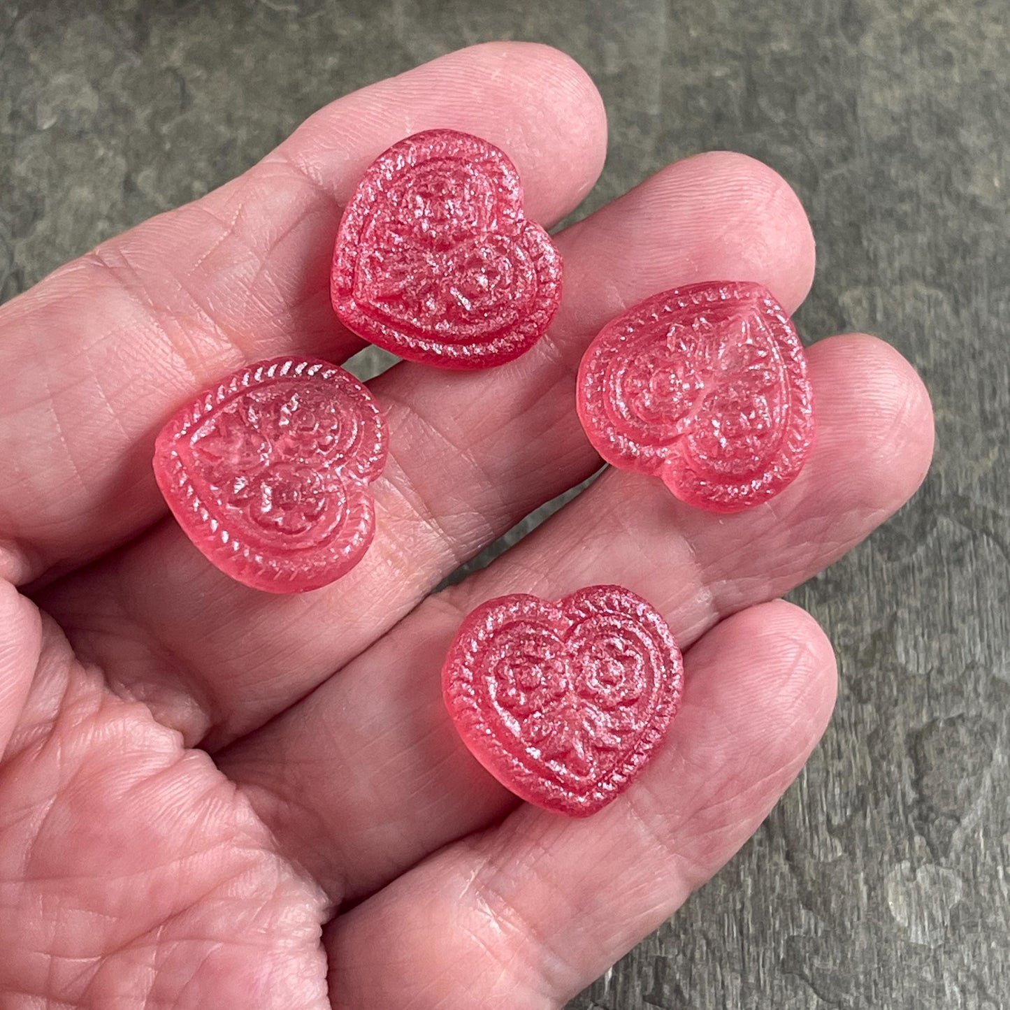Czech Glass Beads - 18mm Heart Bead, Watermelon with AB (FH-3) * 6 Beads