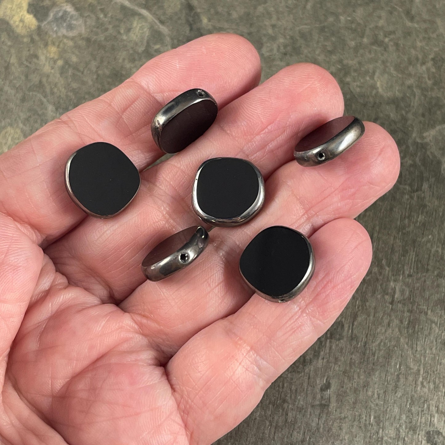 Czech Glass Beads - 15mm Irregular Round Coin - Glossy Black with Silver Picasso (TCIC-5) * 8 Beads