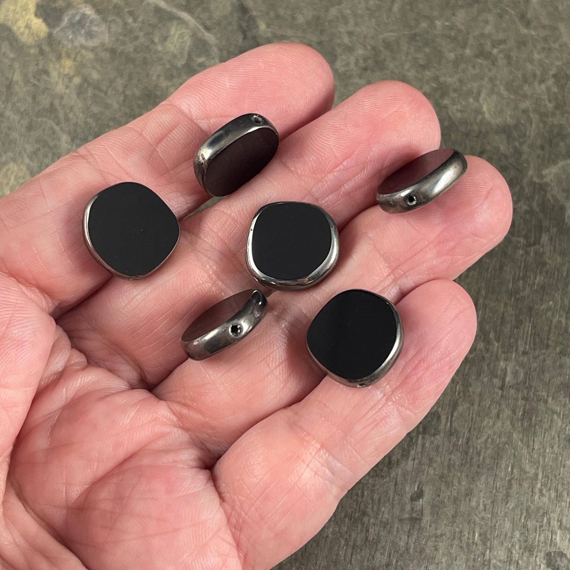 Czech Glass Beads - 15mm Irregular Round Coin - Glossy Black with Silver Picasso (TCIC-5) * 8 Beads