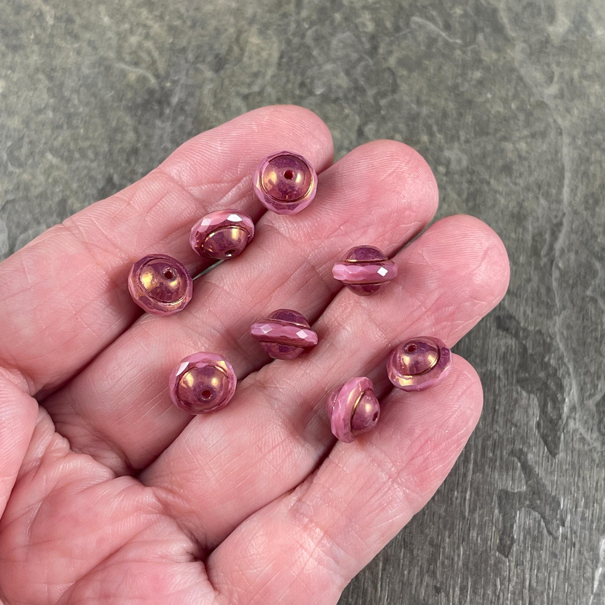 Czech Glass Beads - 9x7mm Faceted Saucer Bicone, Mauve Pink with Bronze Picasso (SAT-1) * 12 Beads