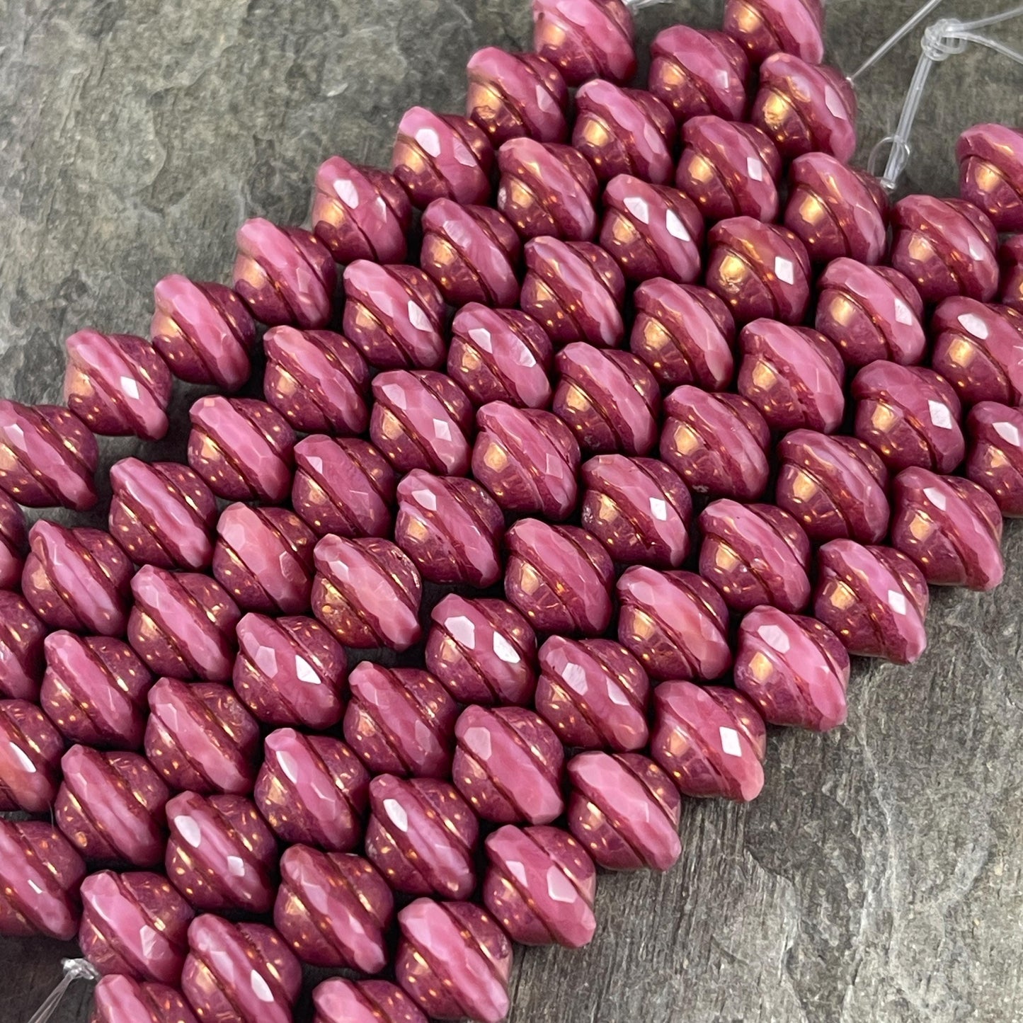 Czech Glass Beads - 9x7mm Faceted Saucer Bicone, Mauve Pink with Bronze Picasso (SAT-1) * 12 Beads