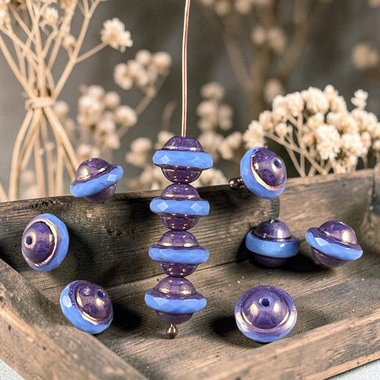 Czech Glass Beads - 9x7mm Faceted Saucer Bicone, Periwinkle Blue with Bronze Picasso (SAT-2) * 12 Beads
