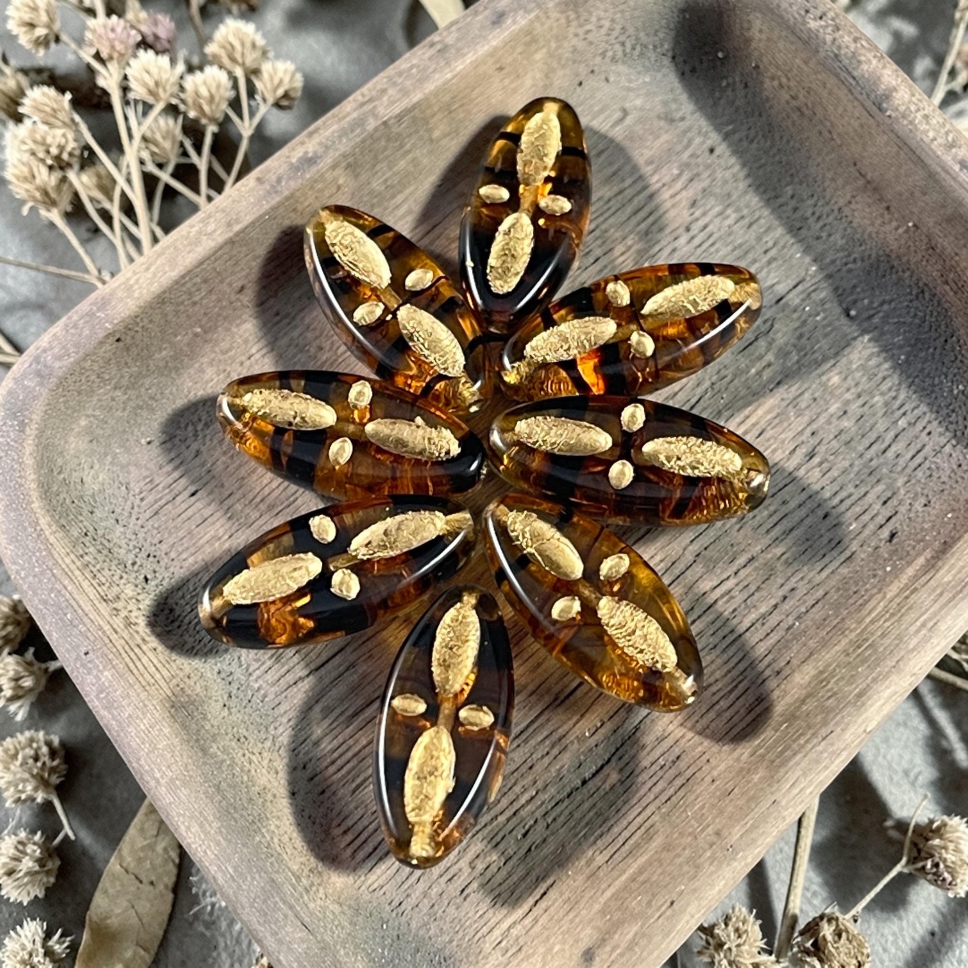 Czech Glass - 20x9mm Marquise Shape Spindle Bead, Tortoise Shell (PSpndl-TG) * 8 Beads