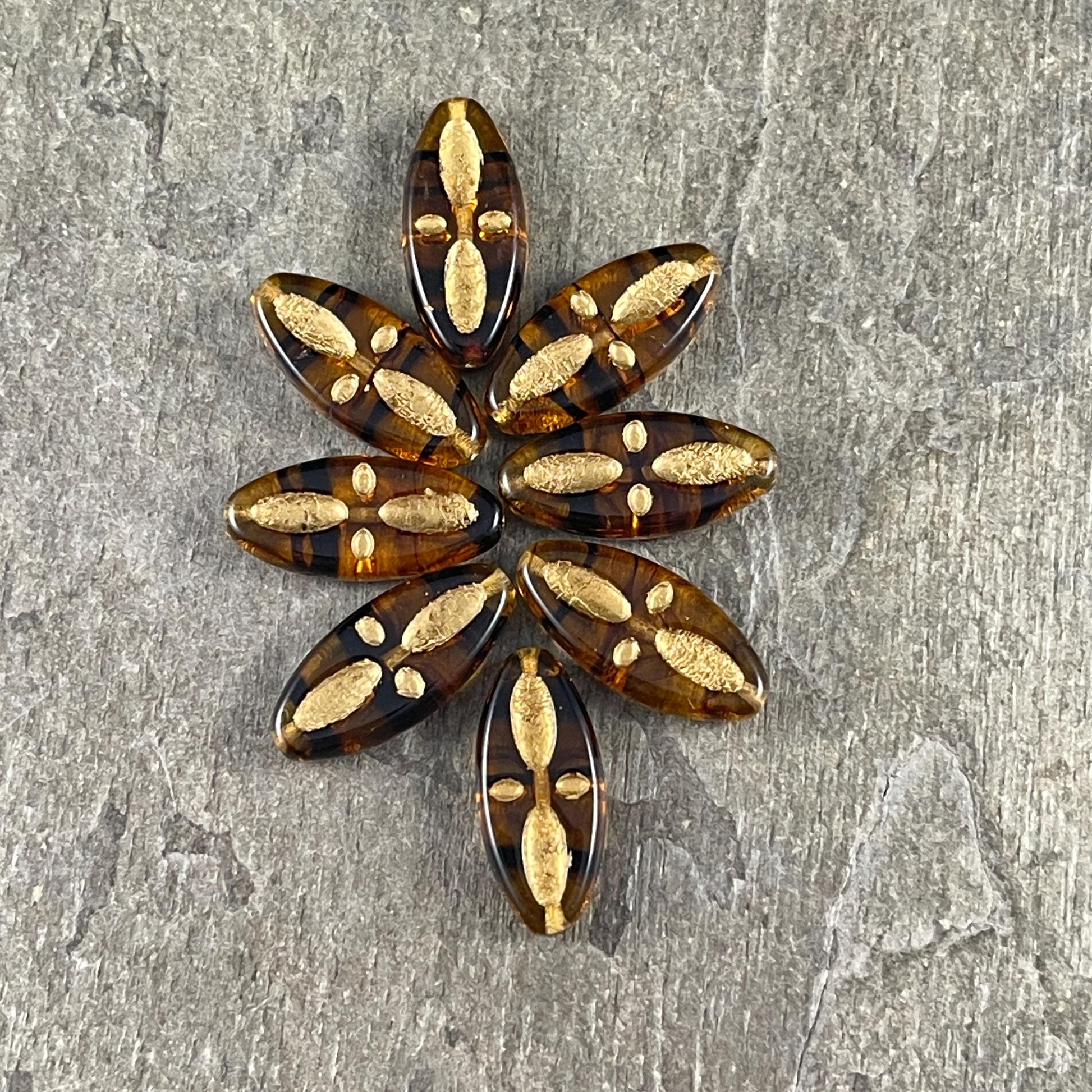 Czech Glass - 20x9mm Marquise Shape Spindle Bead, Tortoise Shell (PSpndl-TG) * 8 Beads