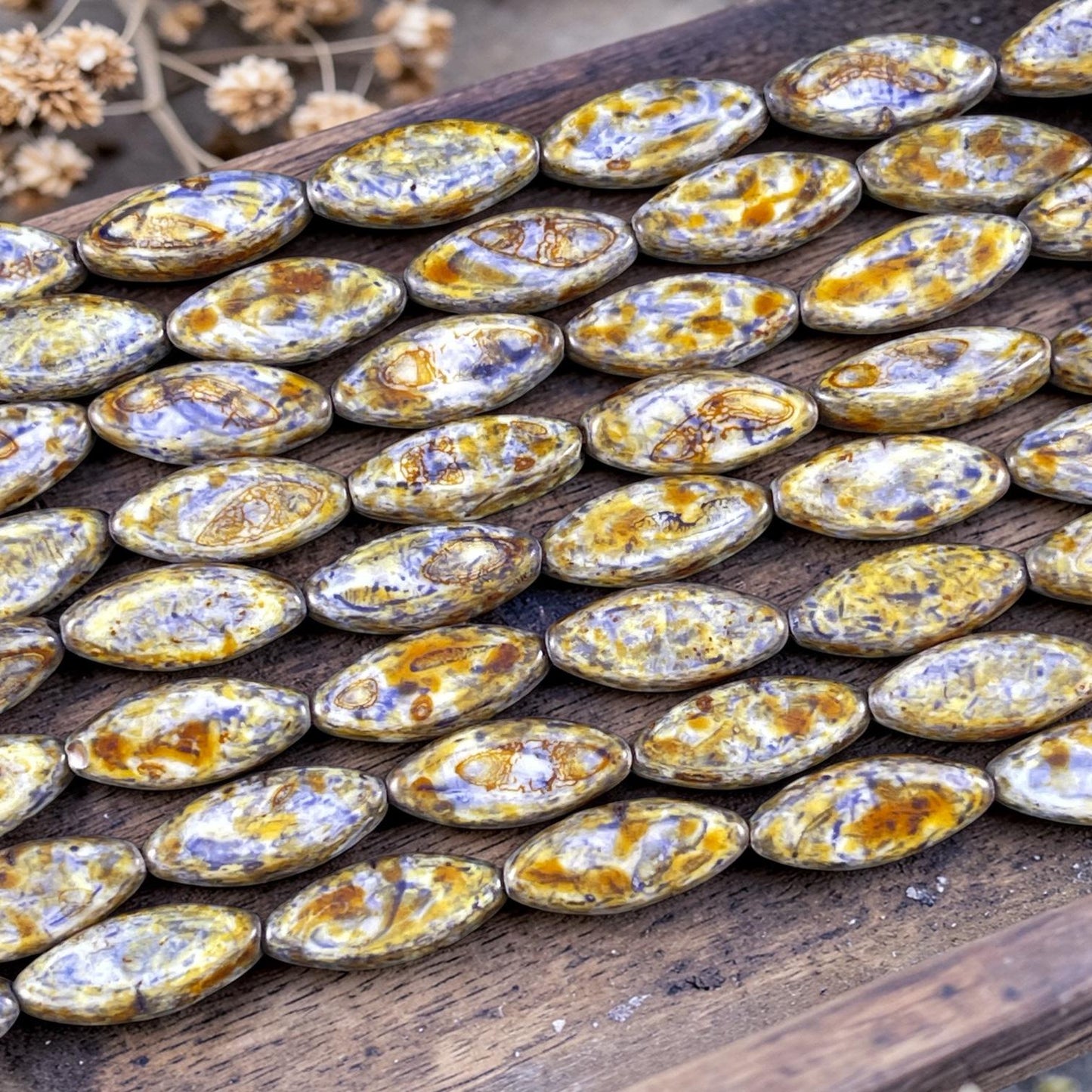 Czech Glass - 17x8mm Marquise Spindle Bead, Alabaster Lilac Picasso (PSpndl-14) * 8 Beads