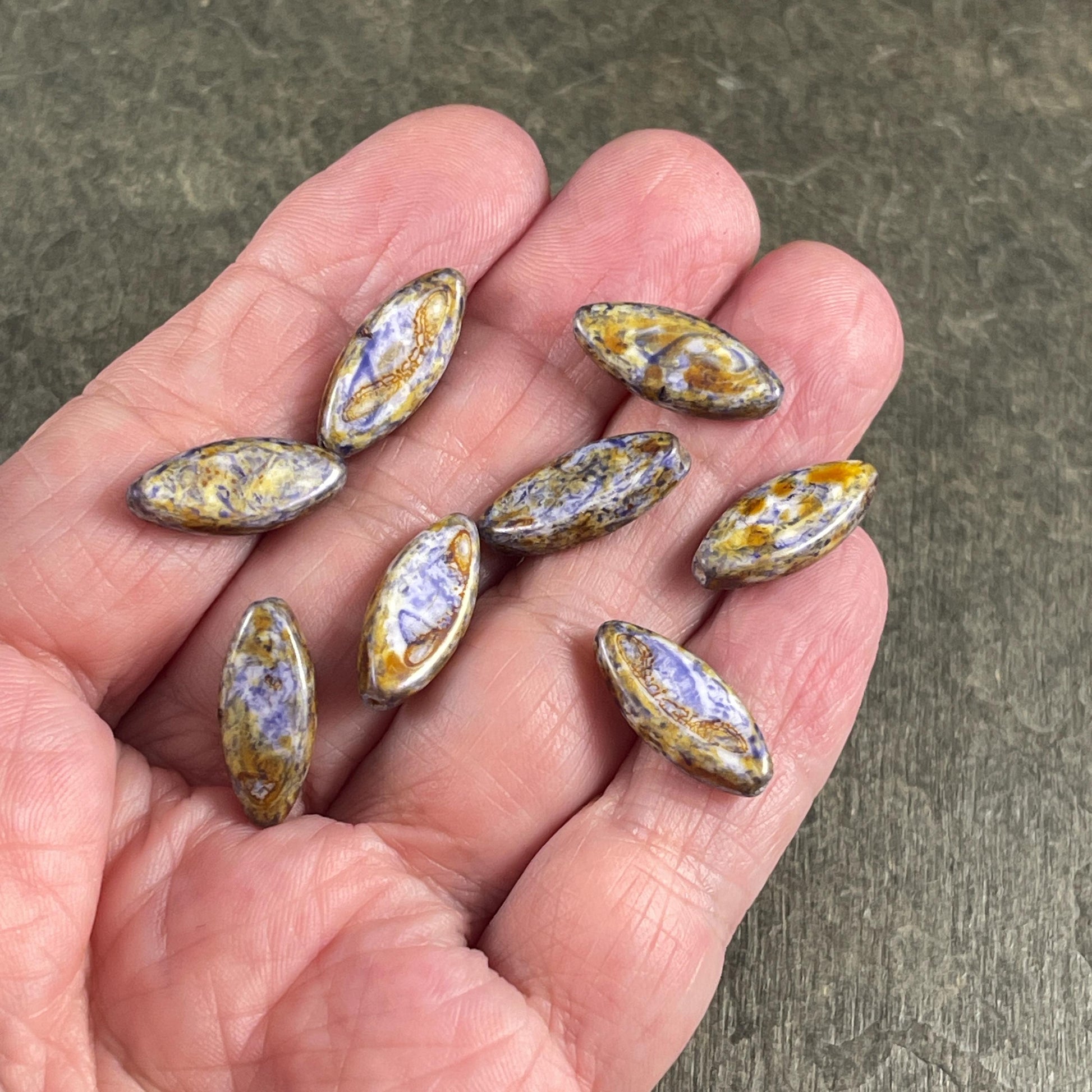 Czech Glass - 17x8mm Marquise Spindle Bead, Alabaster Lilac Picasso (PSpndl-14) * 8 Beads