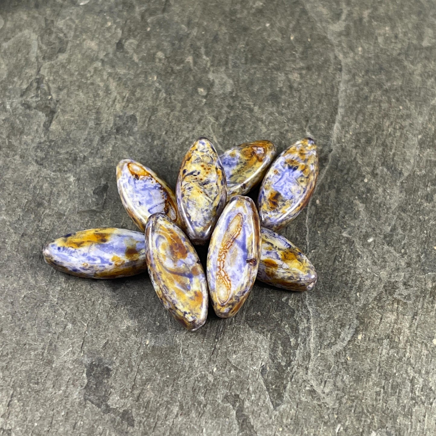 Czech Glass - 17x8mm Marquise Spindle Bead, Alabaster Lilac Picasso (PSpndl-14) * 8 Beads