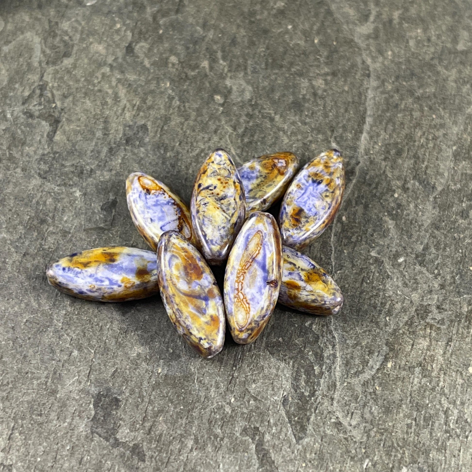 Czech Glass - 17x8mm Marquise Spindle Bead, Alabaster Lilac Picasso (PSpndl-14) * 8 Beads