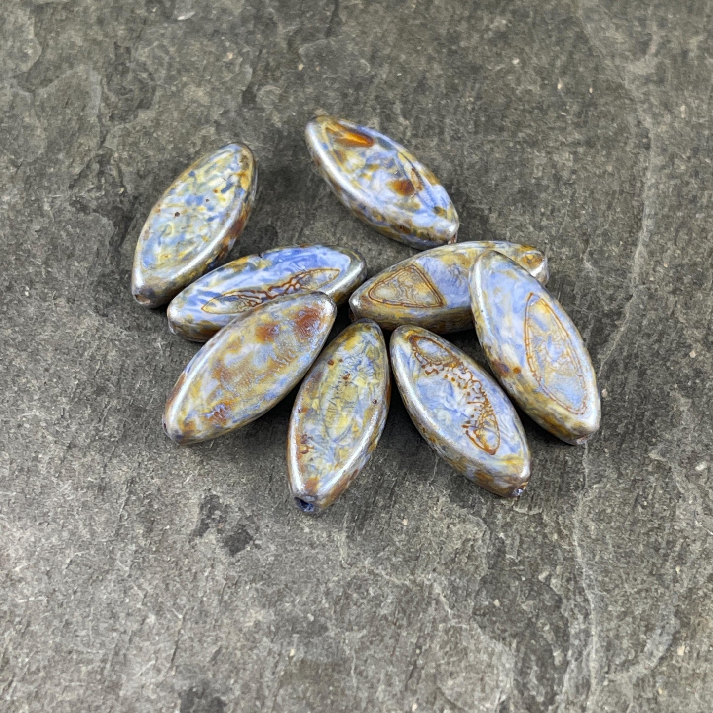 Czech Glass - 17x8mm Marquise Spindle Bead, Alabaster Blue Picasso (PSpndl-16) * 8 Beads