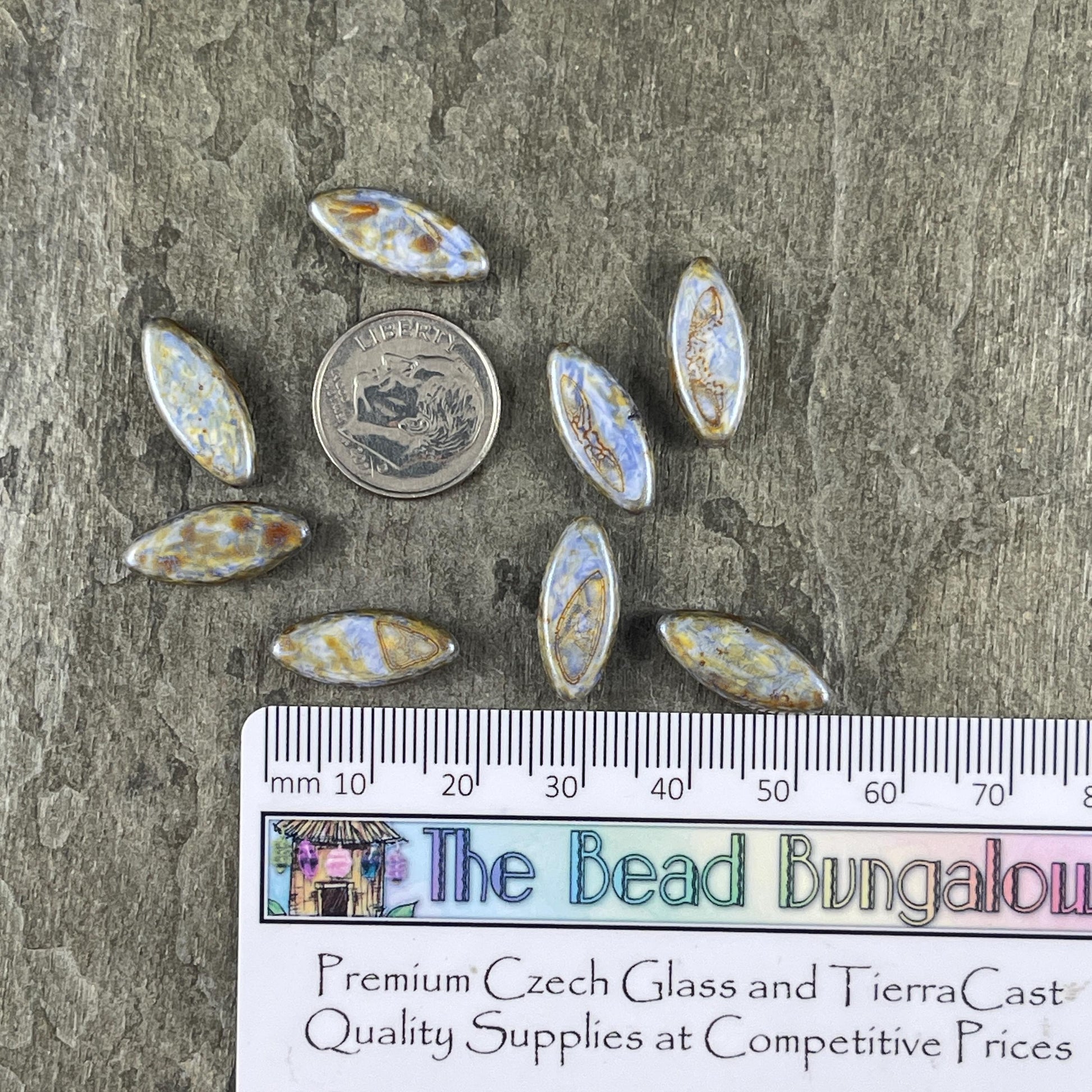 Czech Glass - 17x8mm Marquise Spindle Bead, Alabaster Blue Picasso (PSpndl-16) * 8 Beads