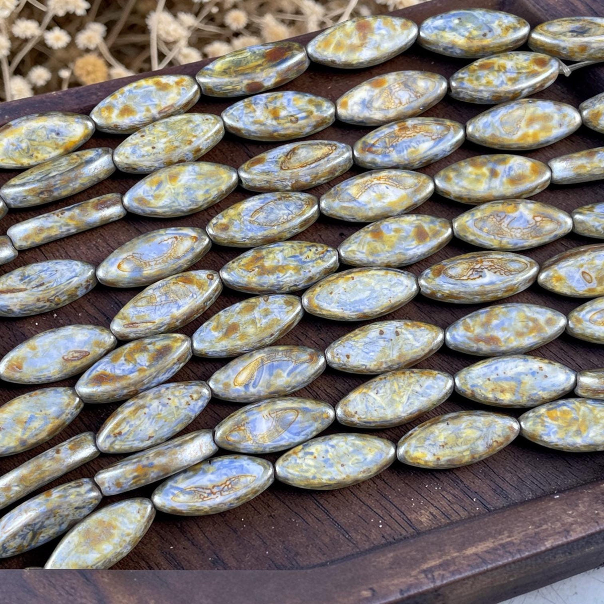 Czech Glass - 17x8mm Marquise Spindle Bead, Alabaster Blue Picasso (PSpndl-16) * 8 Beads
