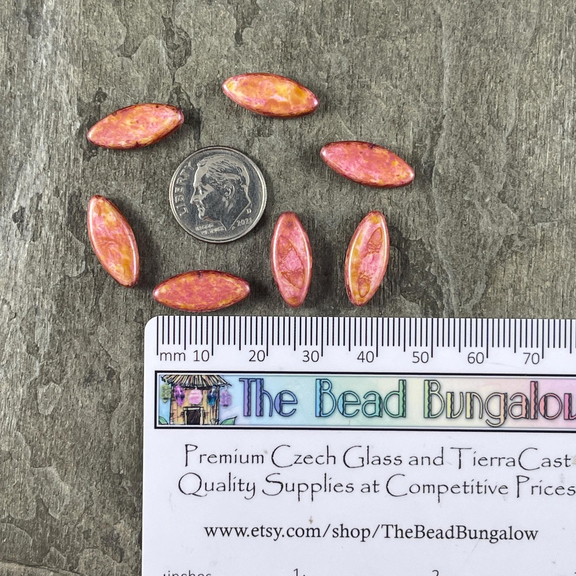 Czech Glass - 17x8mm Marquise Spindle Bead, Alabaster Rose Pink Picasso (PSpndl-13) * 8 Beads