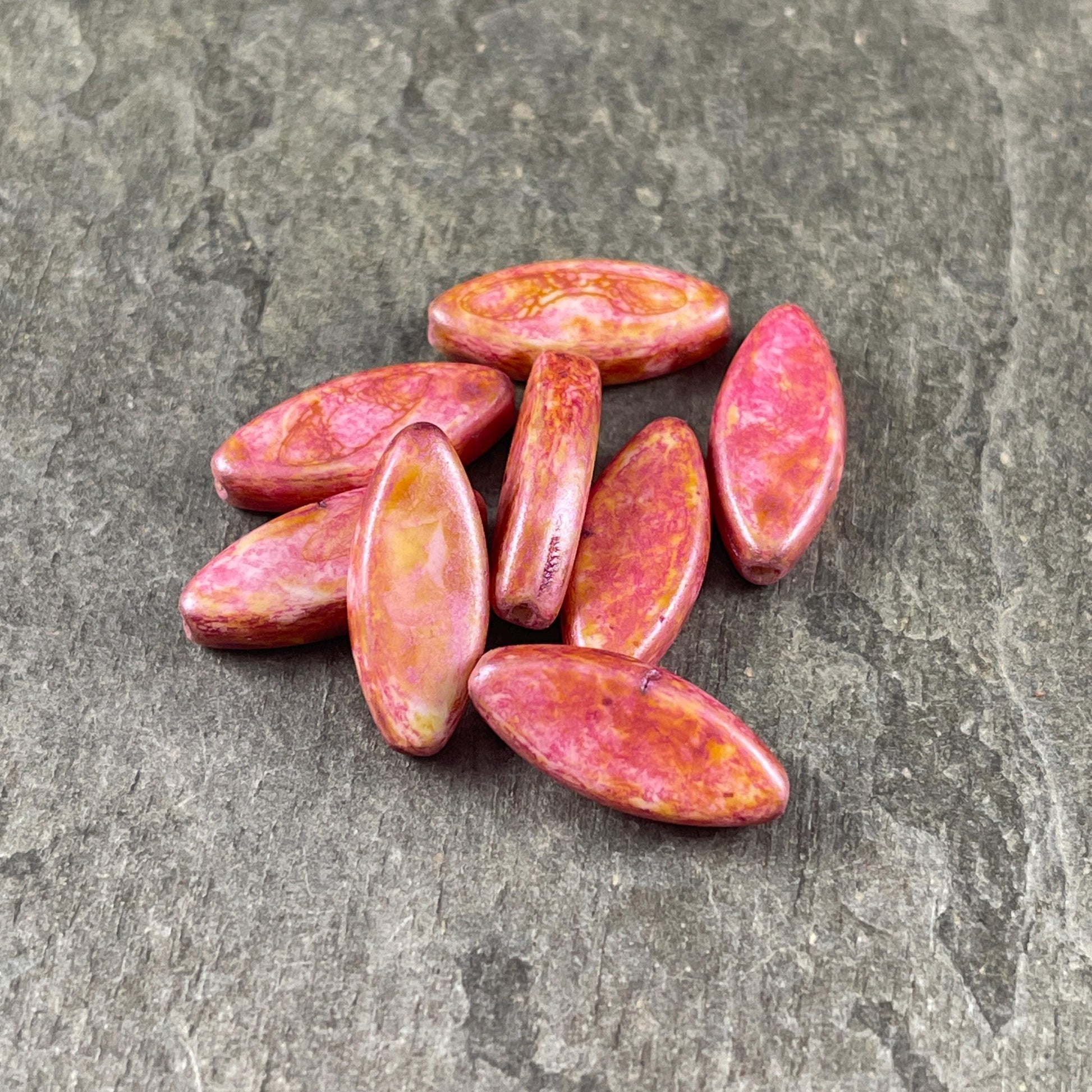Czech Glass - 17x8mm Marquise Spindle Bead, Alabaster Rose Pink Picasso (PSpndl-13) * 8 Beads